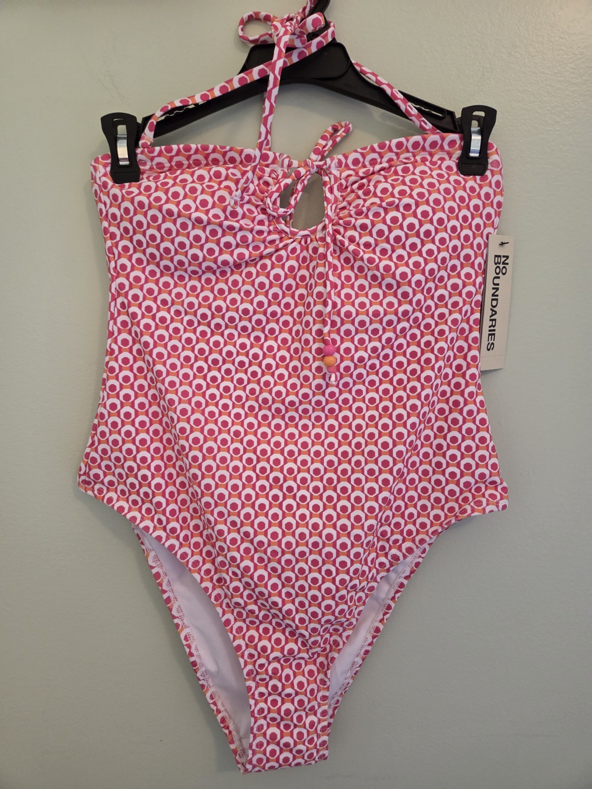 No Boundaries Women’s SMALL 4-6 Keyhole One Piece Swimsuit PINK GEOMETRIC #10726