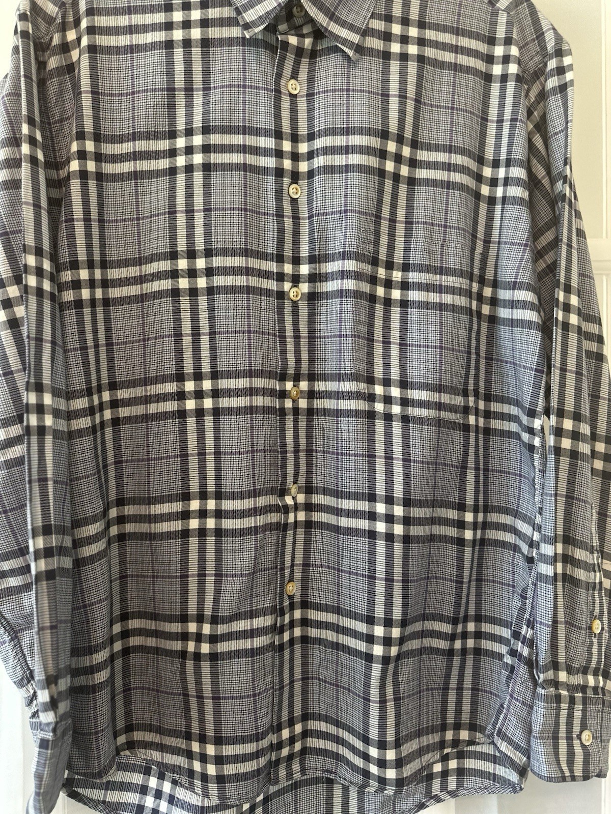 Burberry London Mens Plaid Button Front Shirt Medium Gray Purple Cotton USA