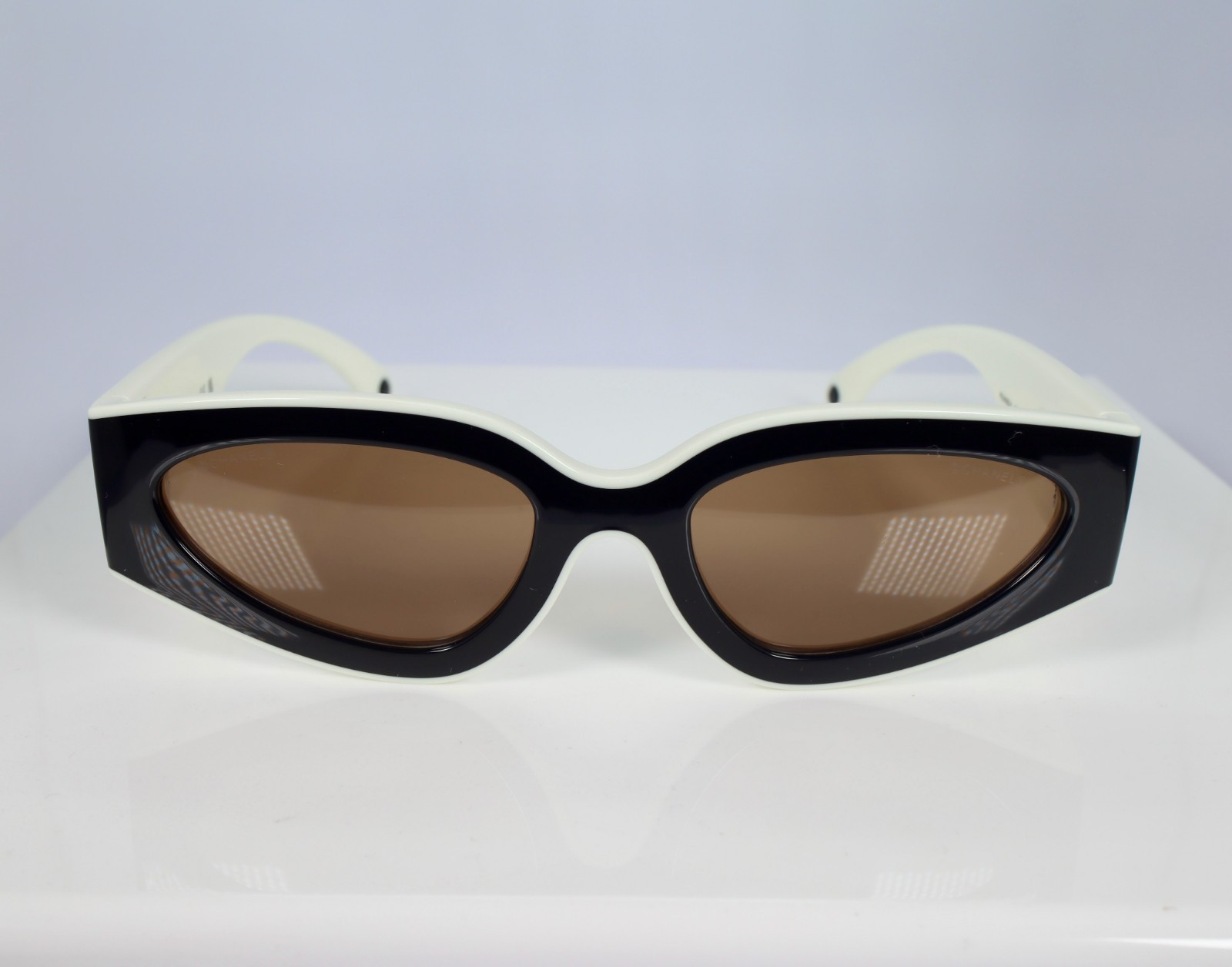 Chanel CH6056 54mm Cat Eye Sunglasses in Black and White with Beige Lenses