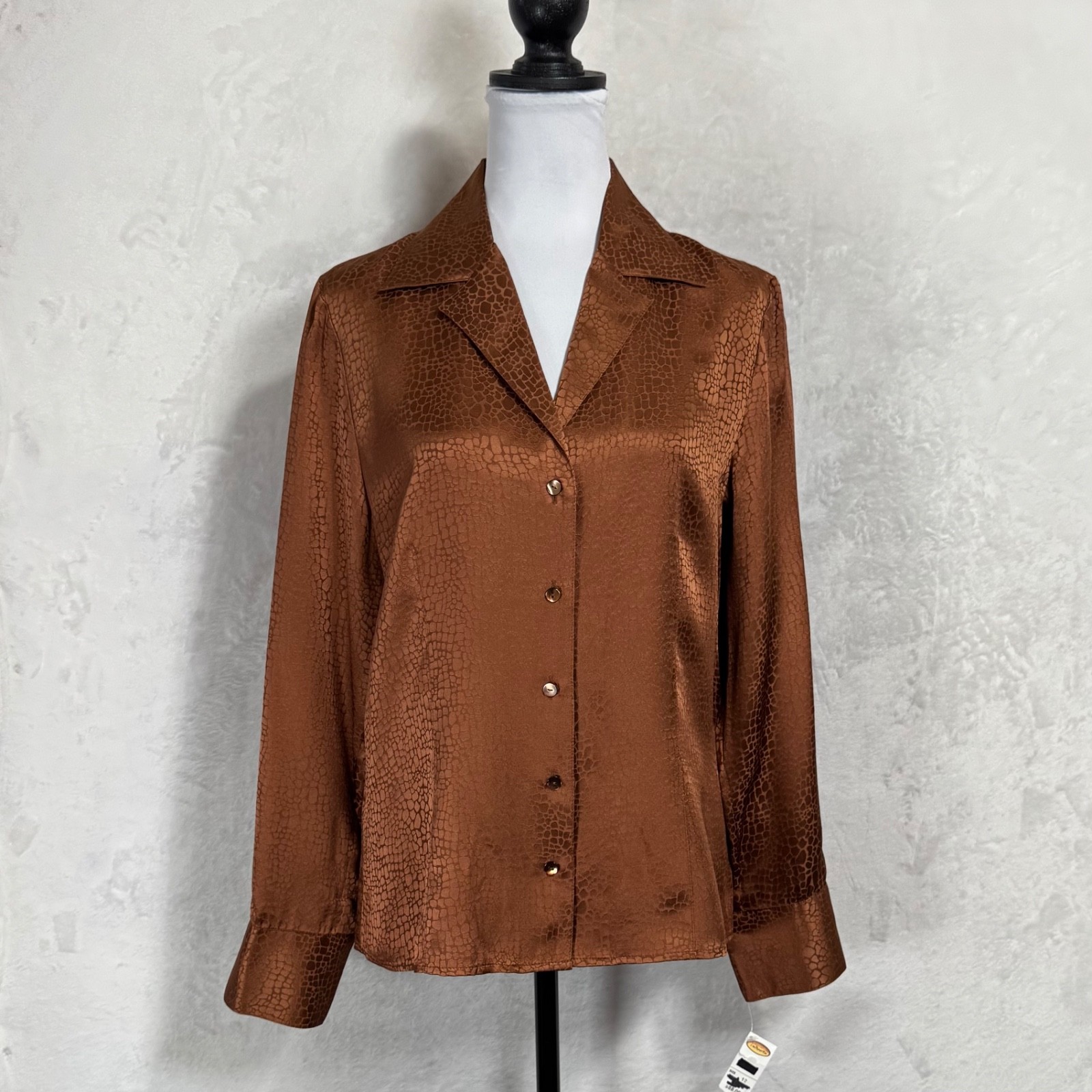 NWT Vintage Talbots 100% Silk Blouse Bronze Copper Top Sz 12 Career Monochrome