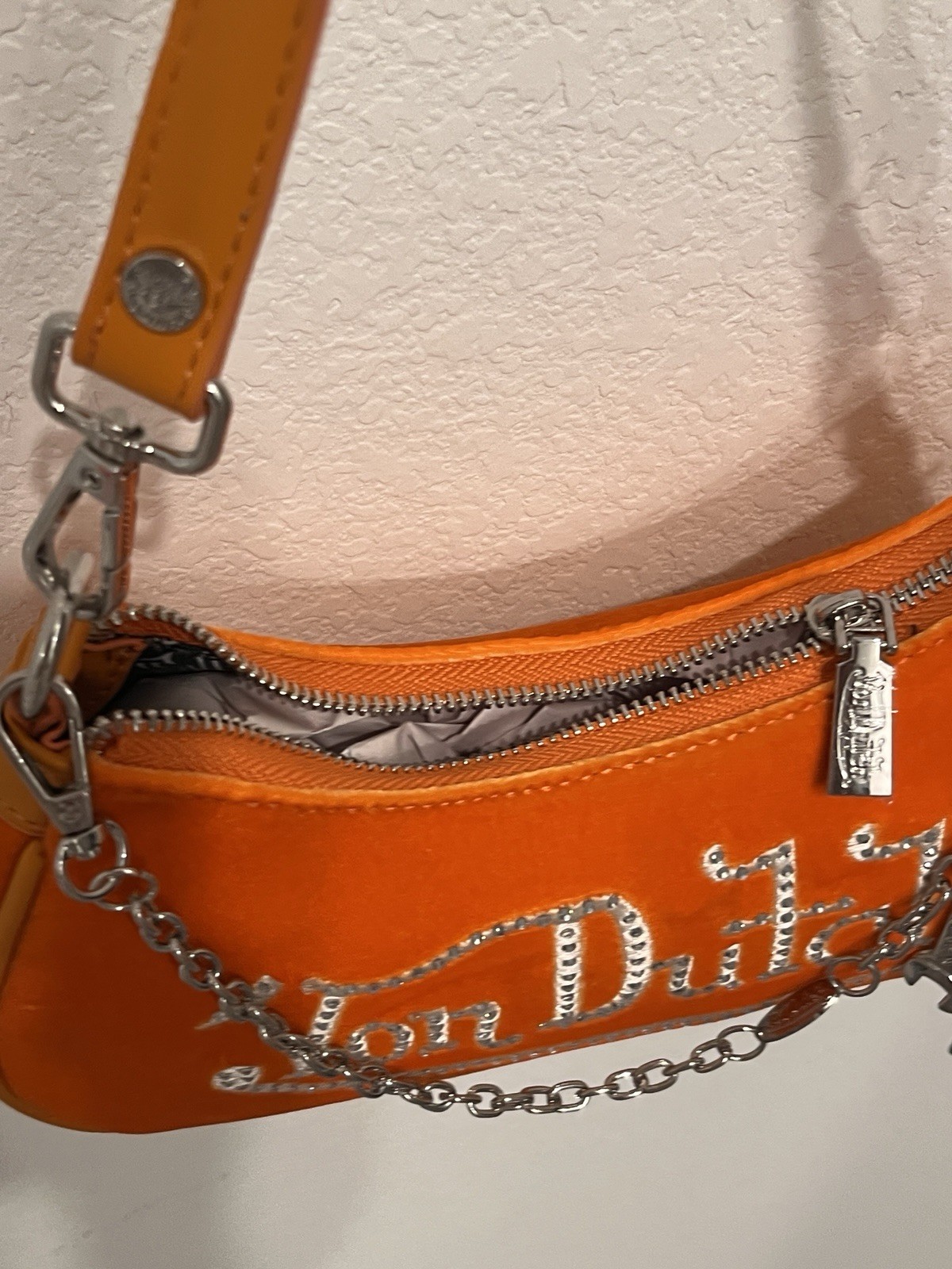 Von Dutch Orange Rhinestone Logo Crescent Shoulder Bag Zip Top Chain Strap Small