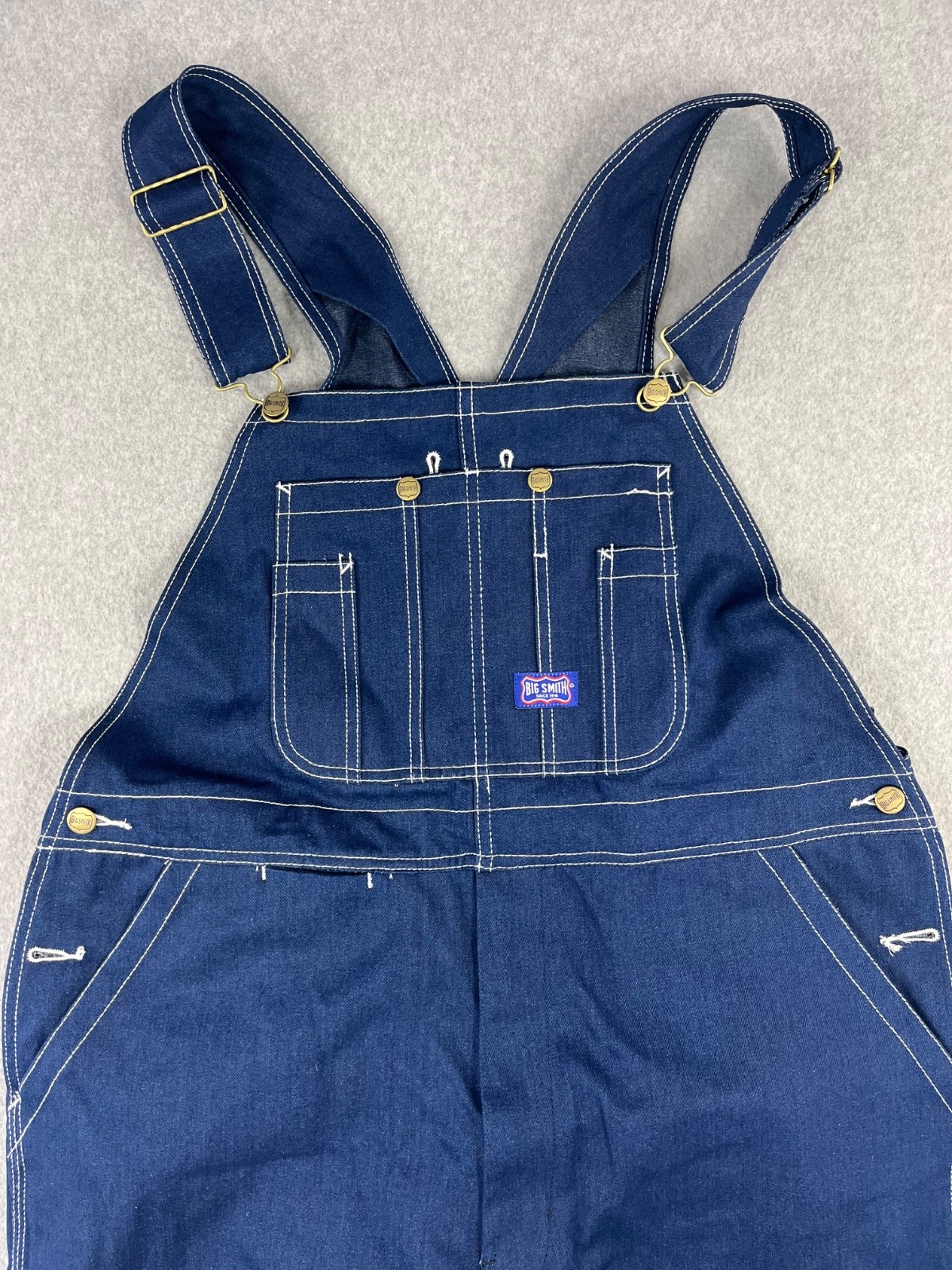 Big Smith Bib Overalls Mens 40×30 Blue Denim Triple Sticth Zipper Fly Carpenter