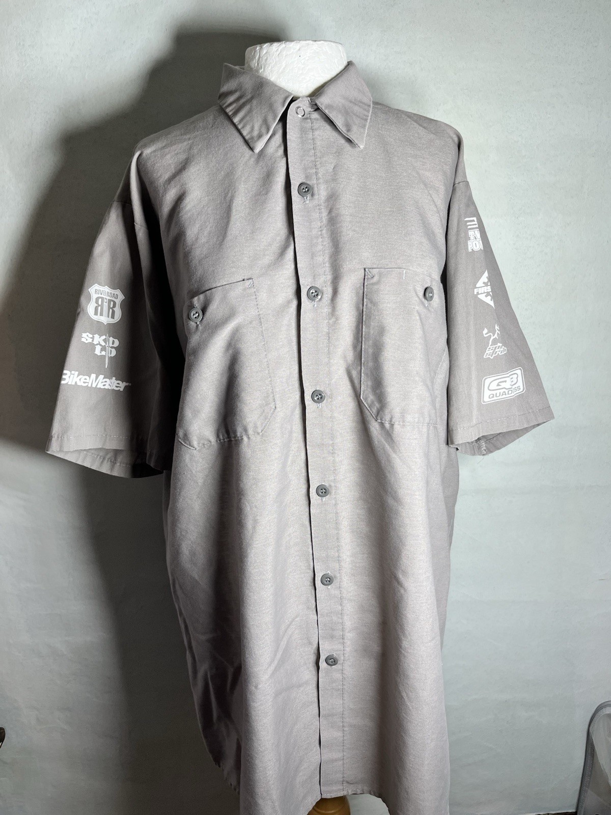 Red Kap Button Up Shirt SP24GY5 Tan W/White Letter Logos Mens Size L