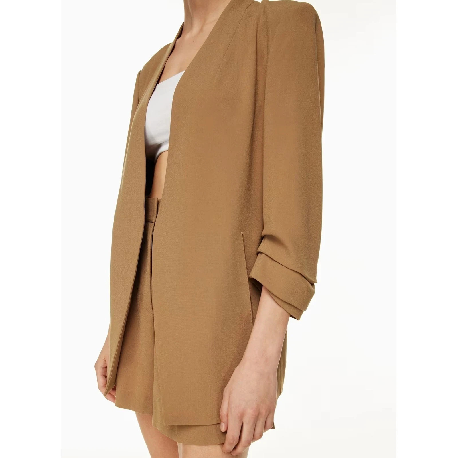 Aritzia Babaton Power Hip Blazer Camel Brown Open Front Size 8 Ruched Sleeves