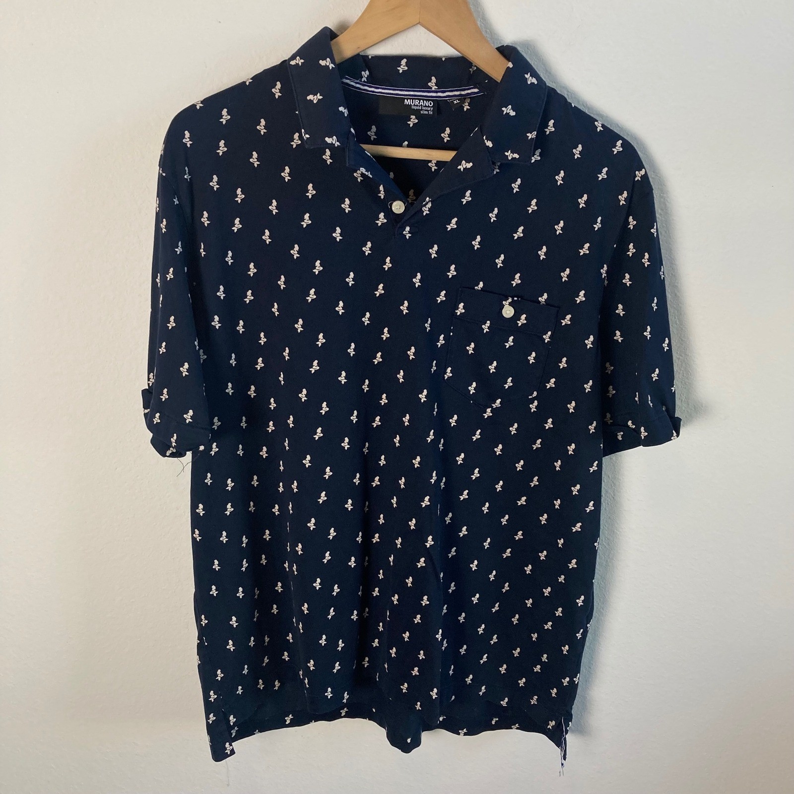 Murano Mens XL Liquid Luxury Navy Blue Mermaid Print Preppy Polo Shirt Pocket