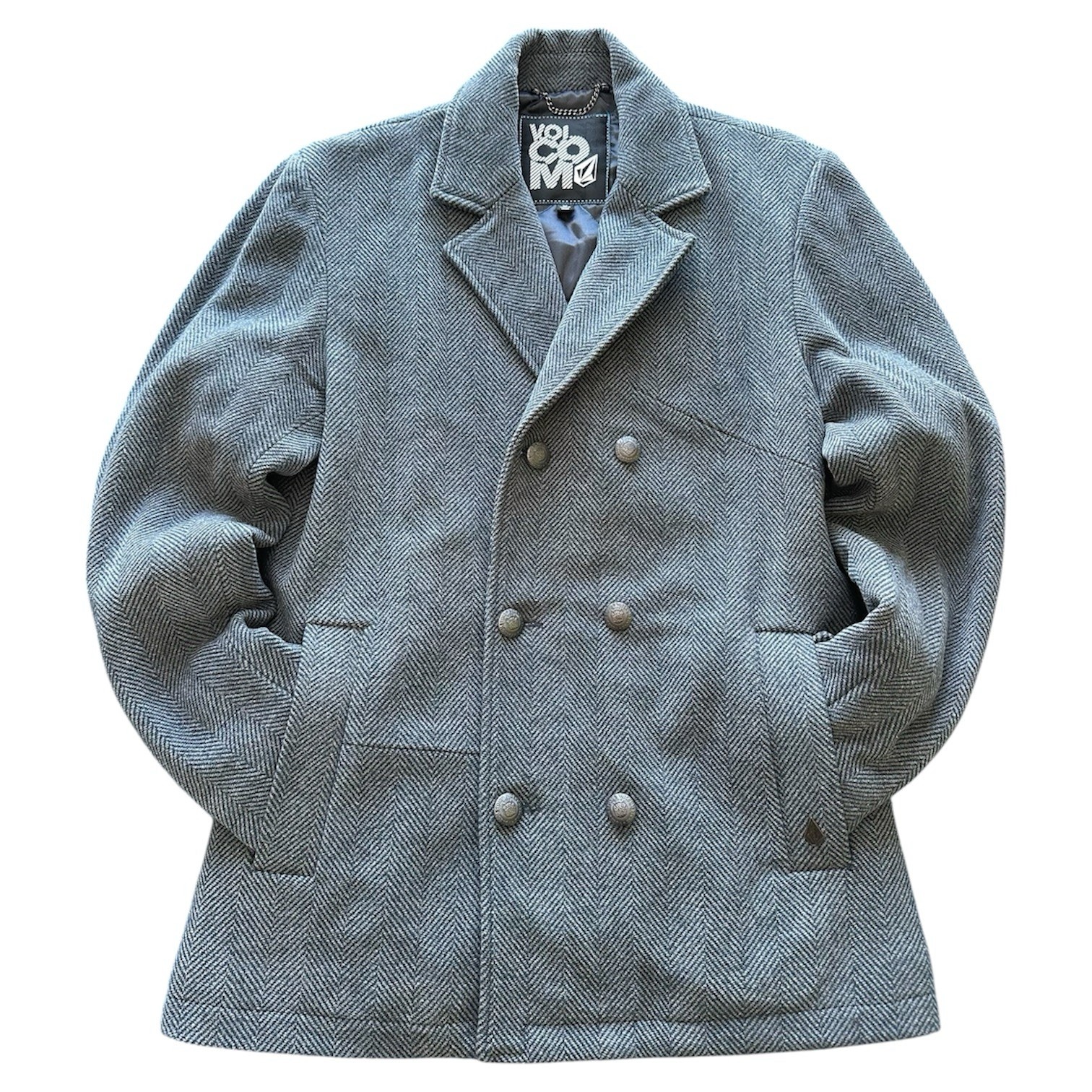Volcom Men’s Gray Herringbone Pea Coat Double Breasted Glasgow Mid-Length M Wool