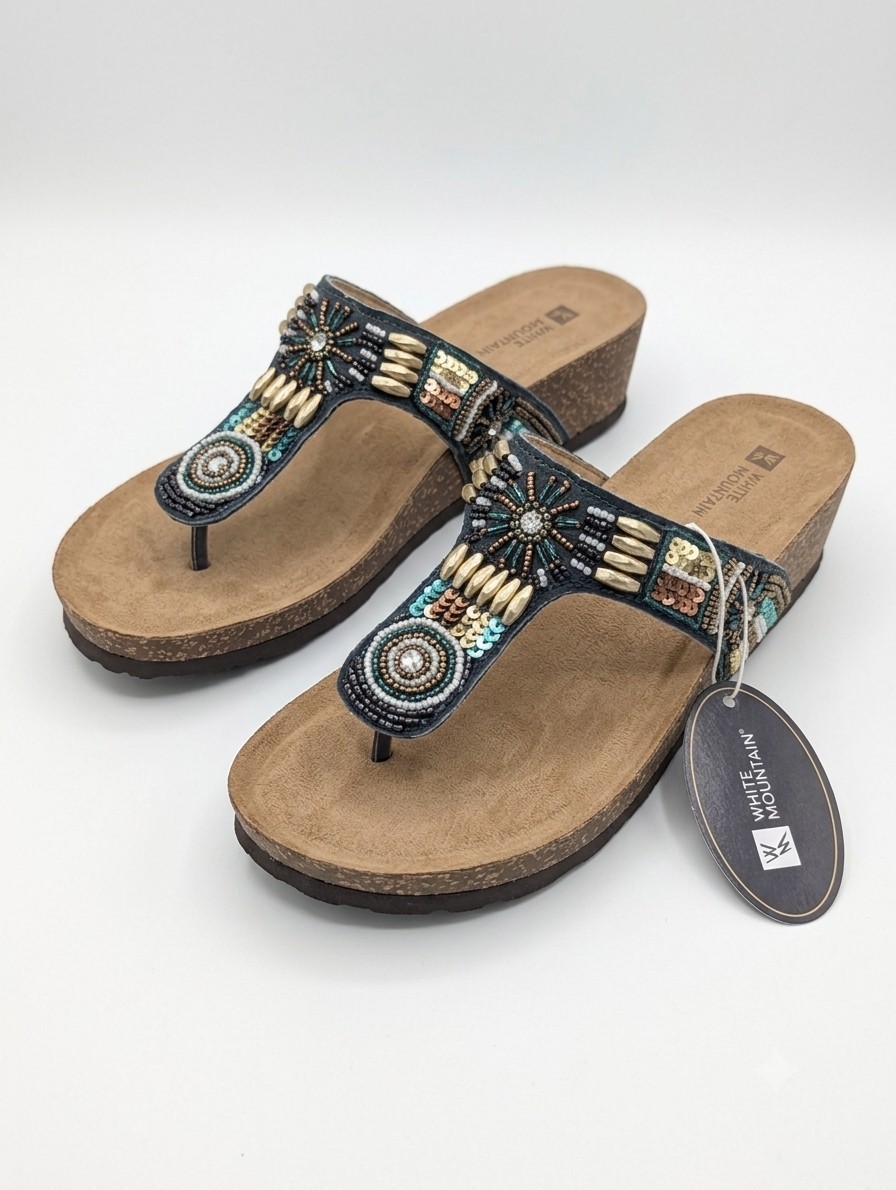 White Mountain Brilliant Beaded Leather Wedge Sandals NWT