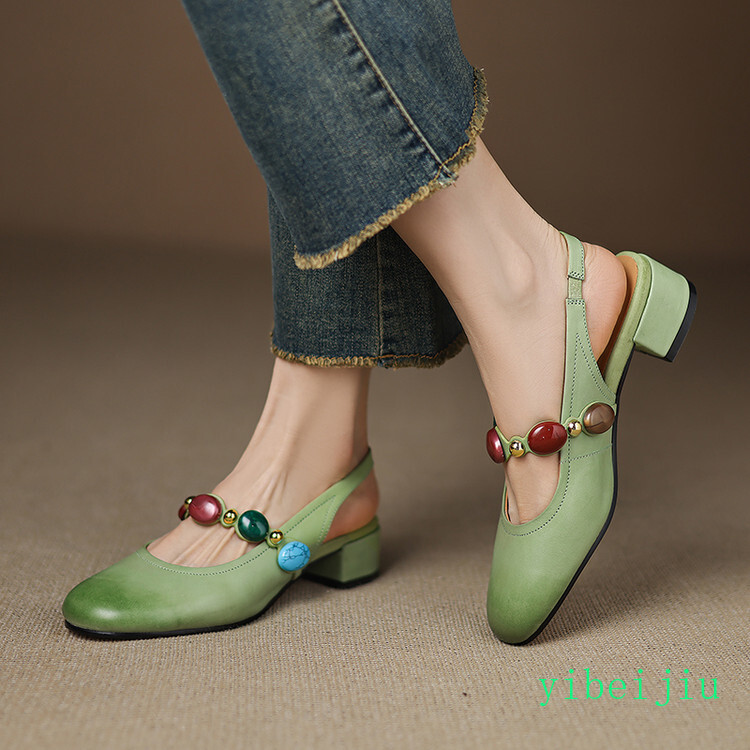 Women’s Low Heel Slingback Real Leather Sandals Stone Comfort Casual Shoes Boho