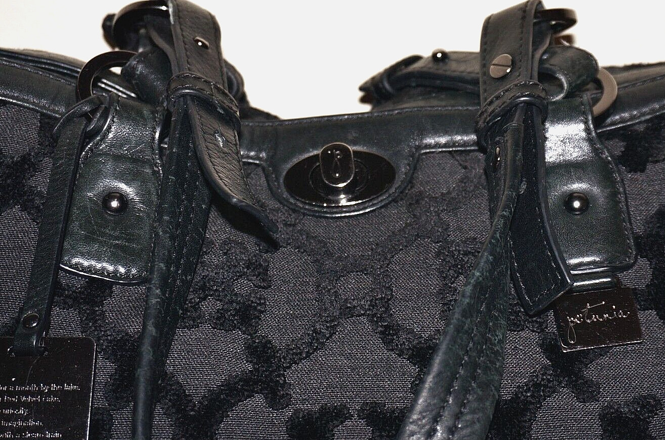 PETUNIA Large Black Velour-Canvas Textile & Leather Tote Handbag 15×12