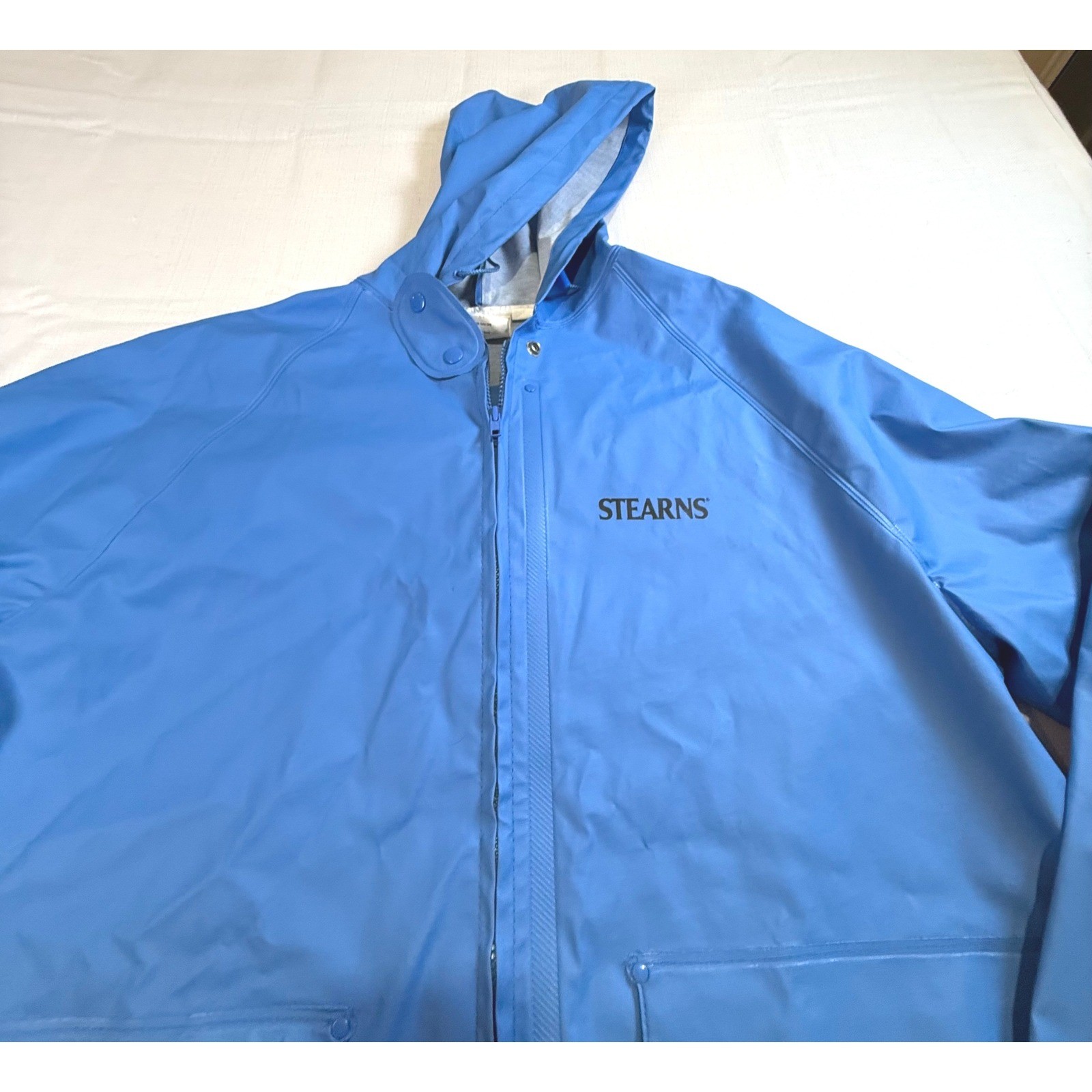 Stearns Blue PVC Coated Polyester Rayon Raincoat Hooded Zip Front Pockets XL