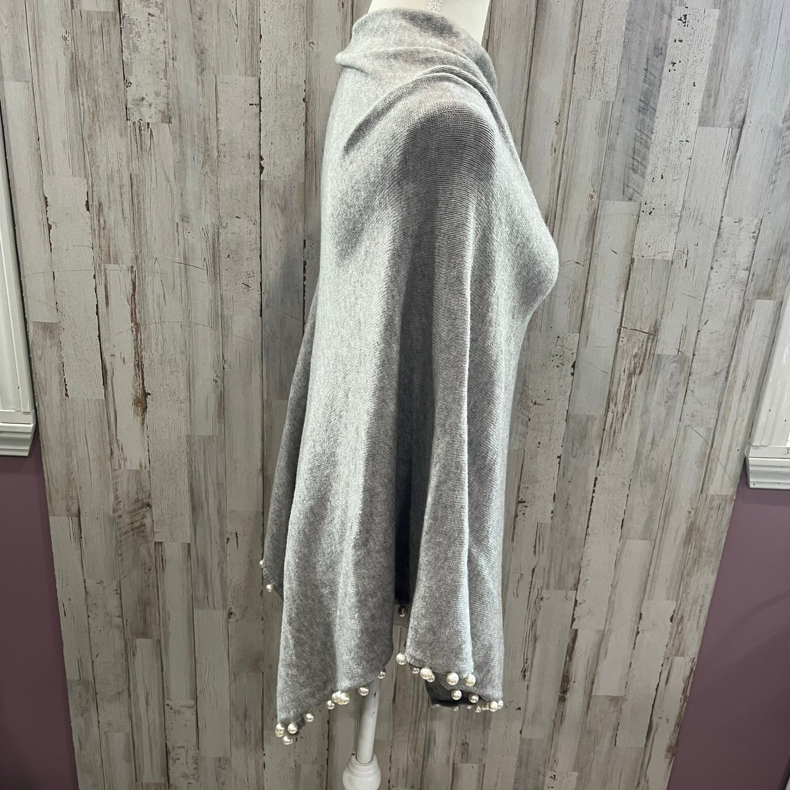 Bluoltre Gray Sweater Poncho Pearl Trim Womens One Size Soft Cozy