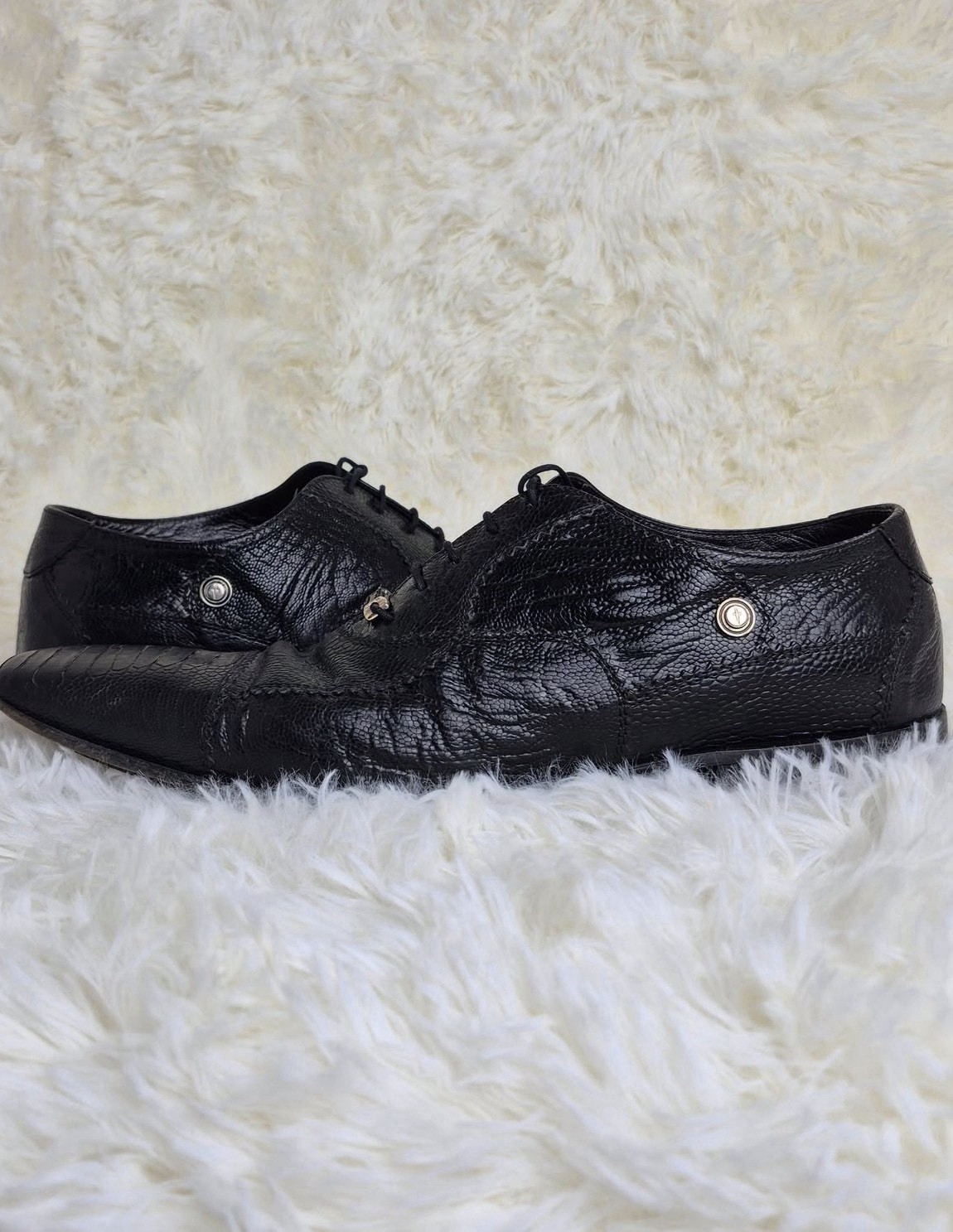 Cesare Paciotti Men’s Black Leather Reptile Embossed Pointed Toe Oxfords 10