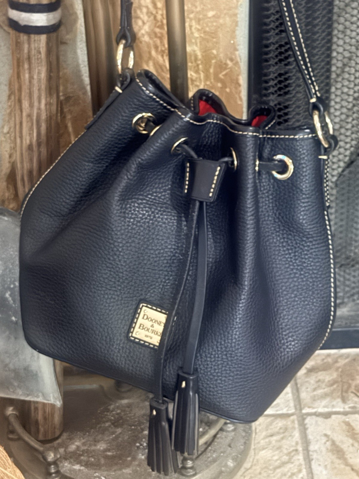 Dooney & Bourke Black Pebbled Drawstring Bucket Bag Tassel, Adjustable Strap