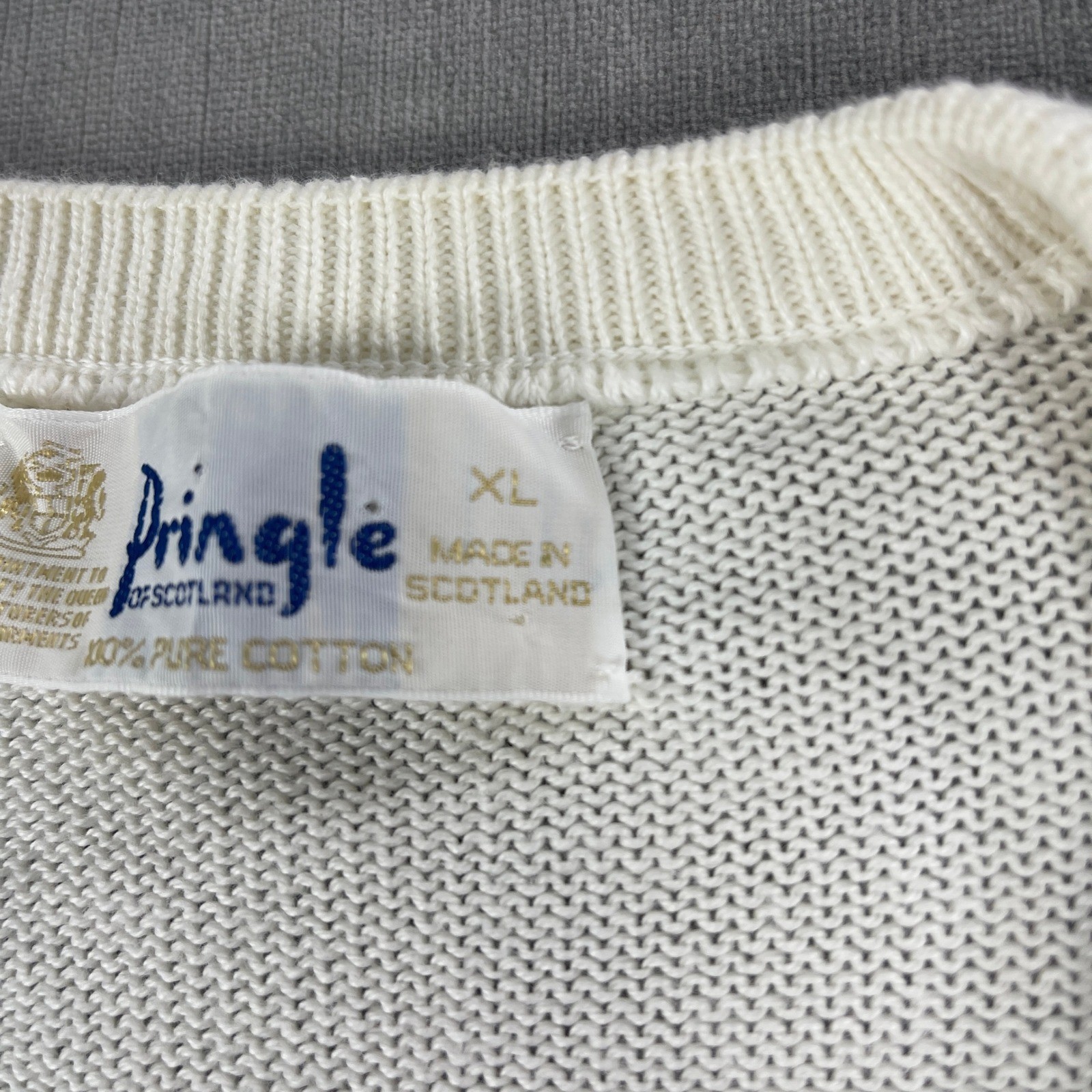 Pringle of Scotland Men XL White Argyle V-Neck Sweater Pure Cotton Made Scotland