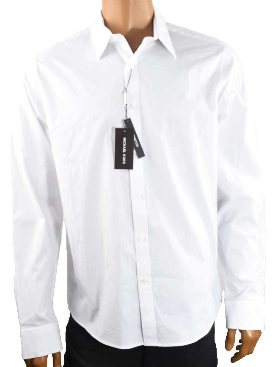 Michael Kors Mens Shirt New XL White Button up Long Sleeves Trim Stretch Solid