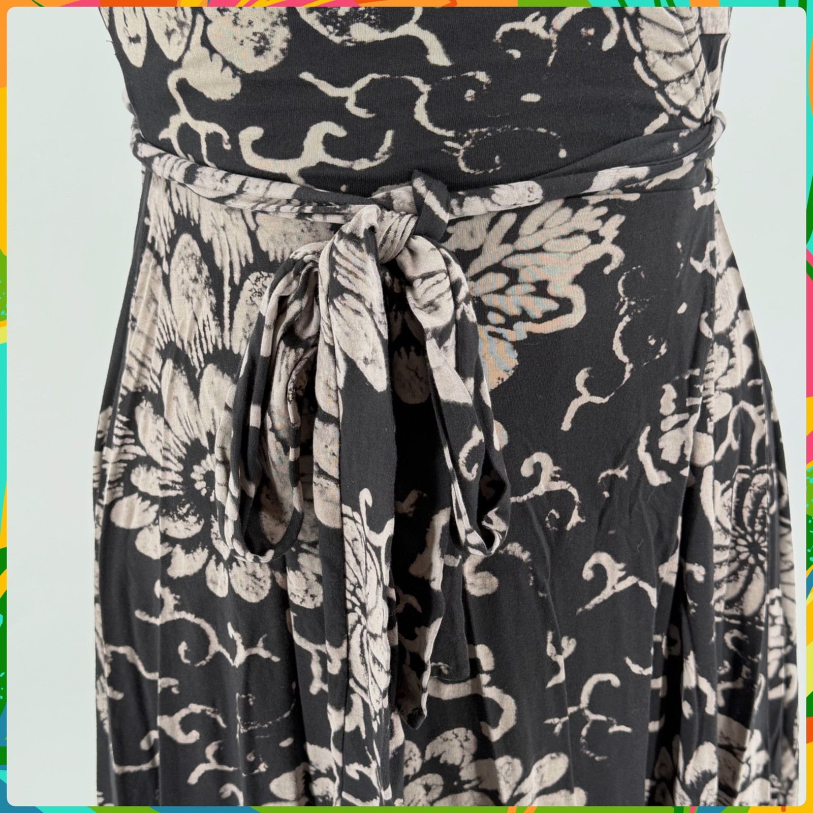 LUCKY BRAND Black Beige Floral Cap Sleeve Jersey Wrap Dress with Tie Belt Size M