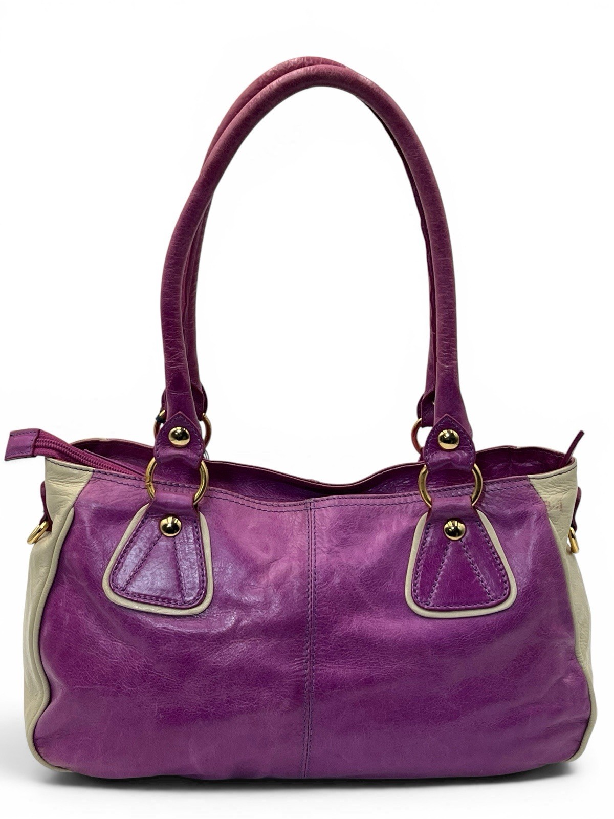 Vintage Roberta Gandolfi Italian Leather Bowler Bag Purple Beige Y2K Purse Tote