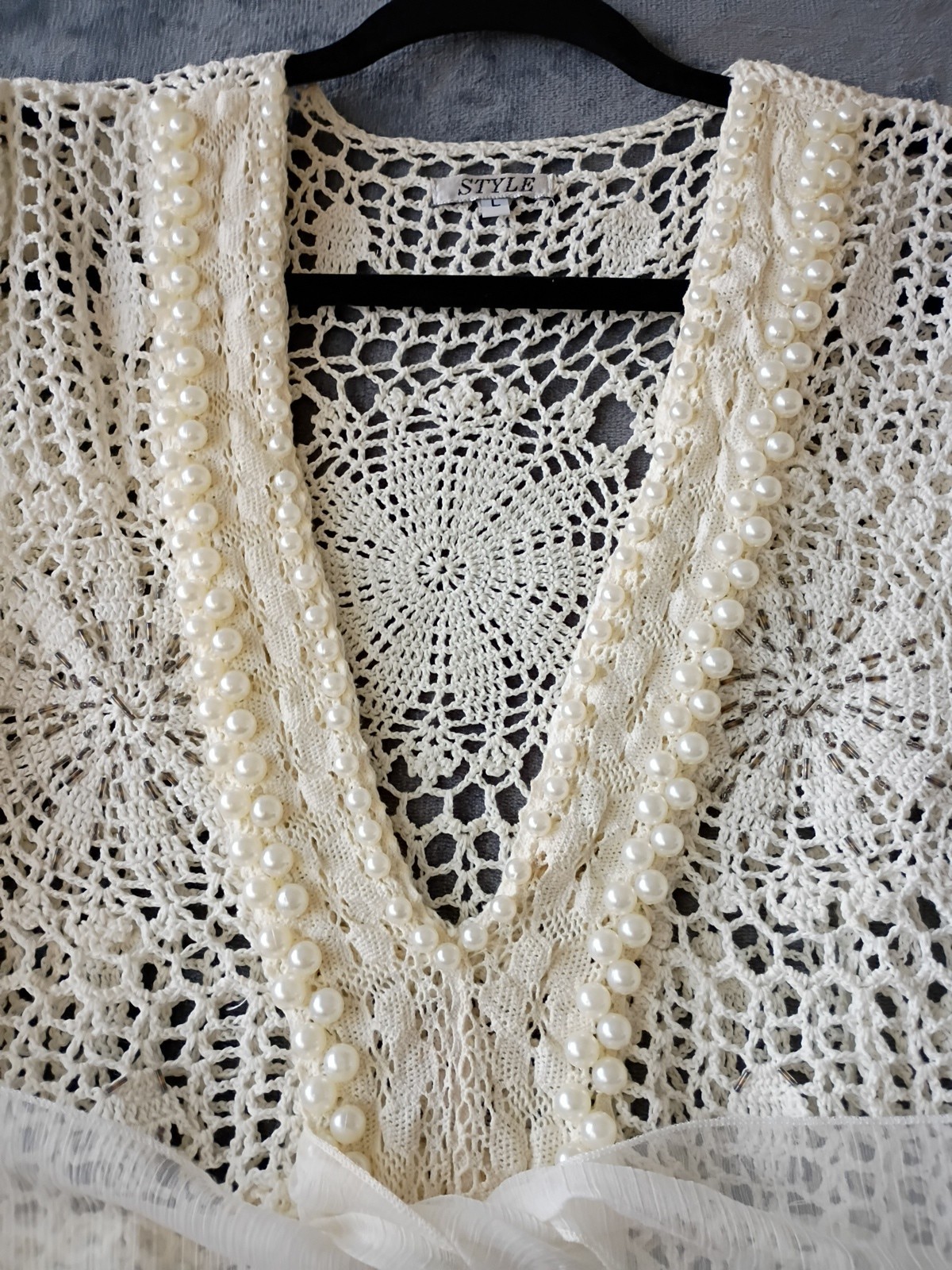 STYLE BRAND QUALITY Crochet top`Pearls Ruffle sleeve seed beads NICE!! LARGE