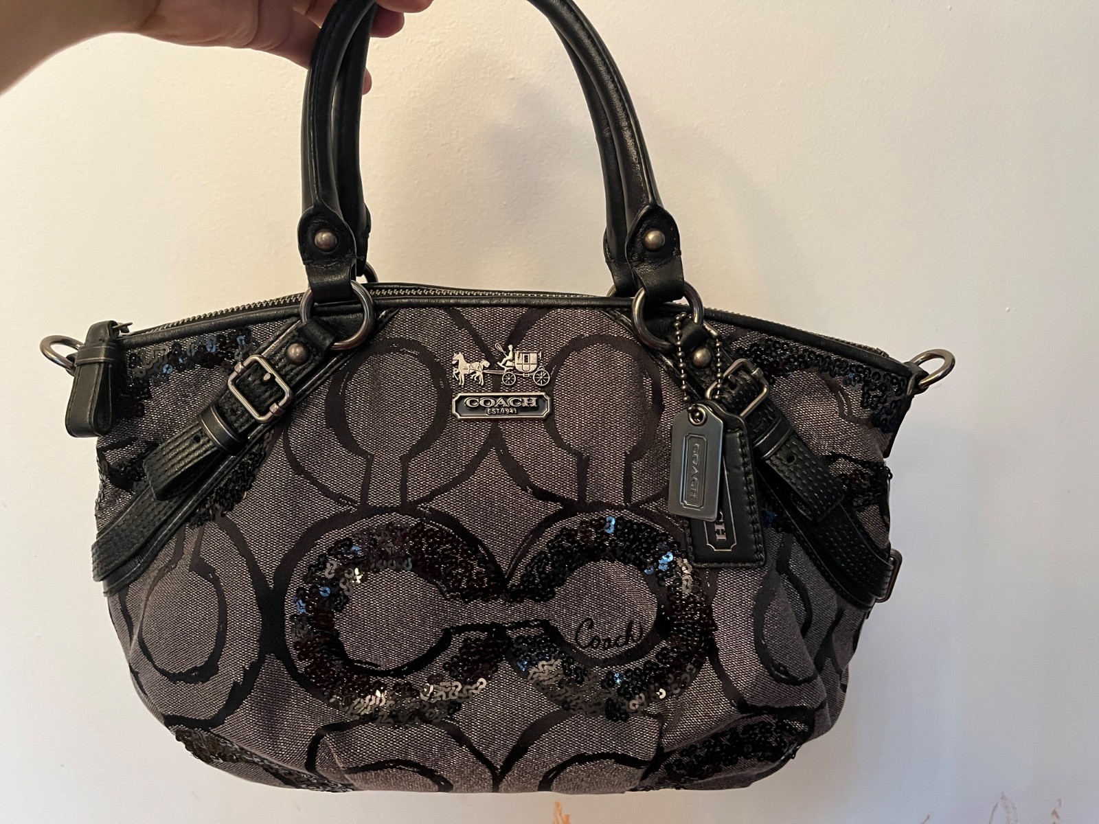 Coach Madison Op Art Sophia Sequin Satchel Black And Metallic Gray