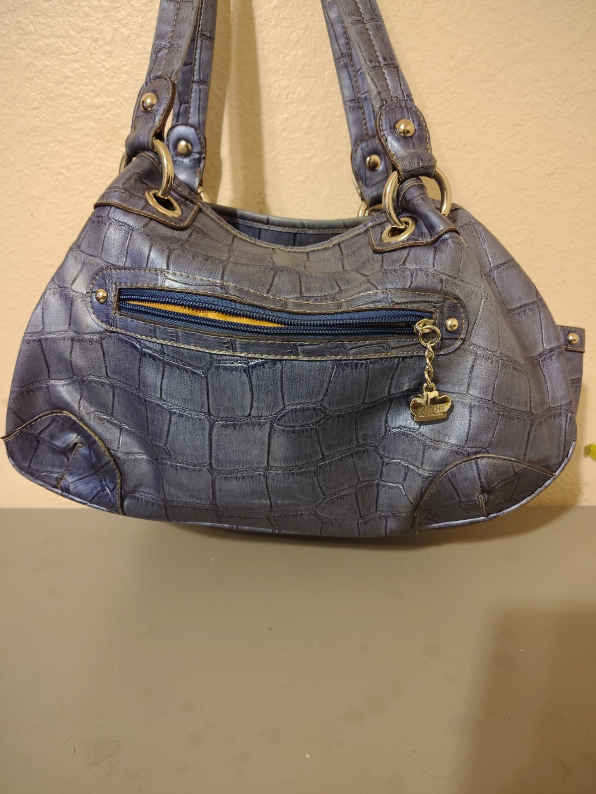 Kathy VanZeeland Metallic Silver Croc-Embossed Handbag with Crest Emblem
