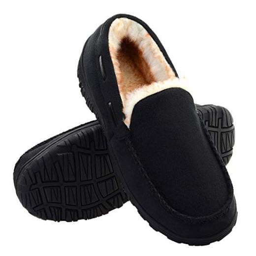 Mens Moccasin Slippers Indoor Outdoor Slip on Warm House Shoes 10 Black