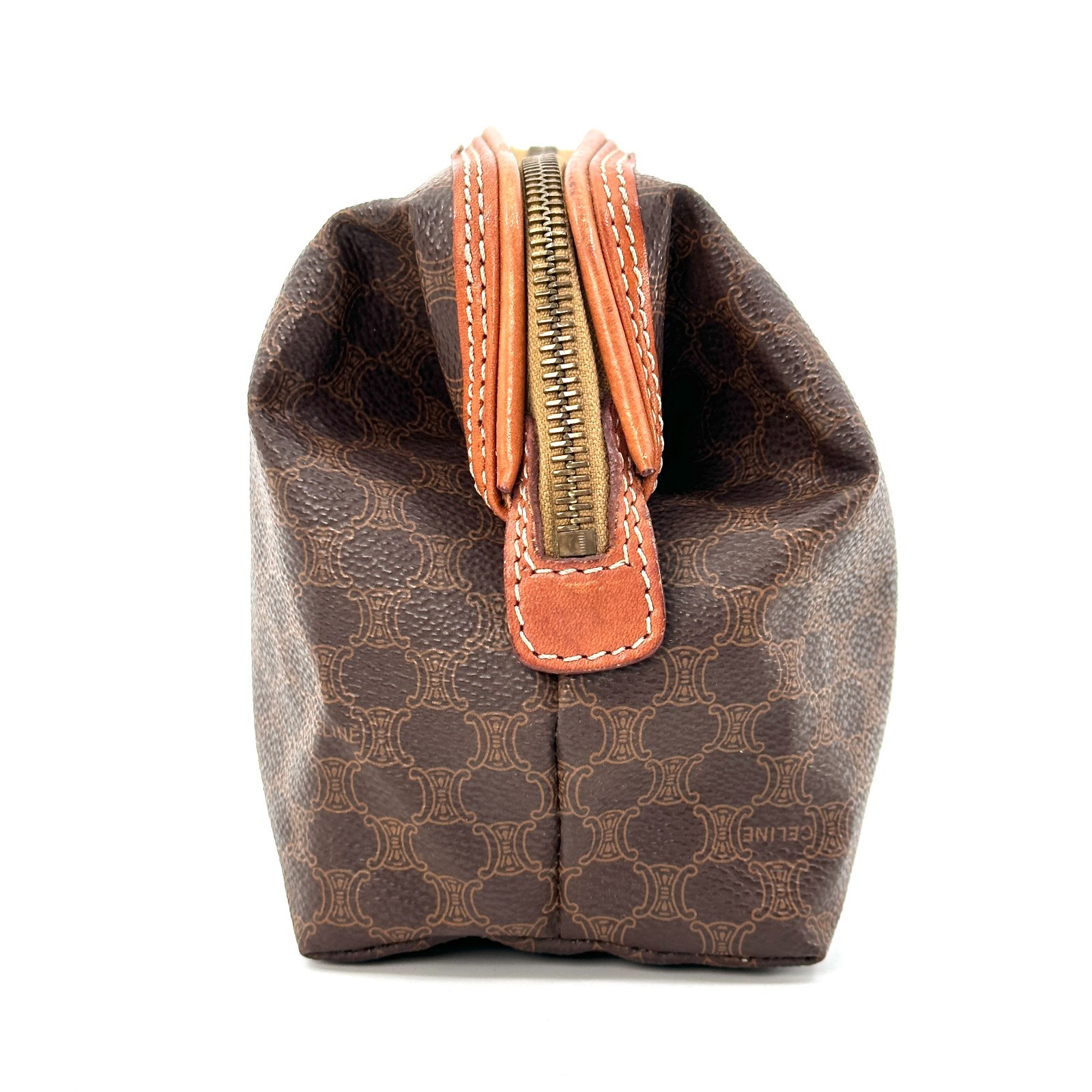 CELINE Macadam PVC Leather Cosmetic Pouch Vanity Brown Gold Auth