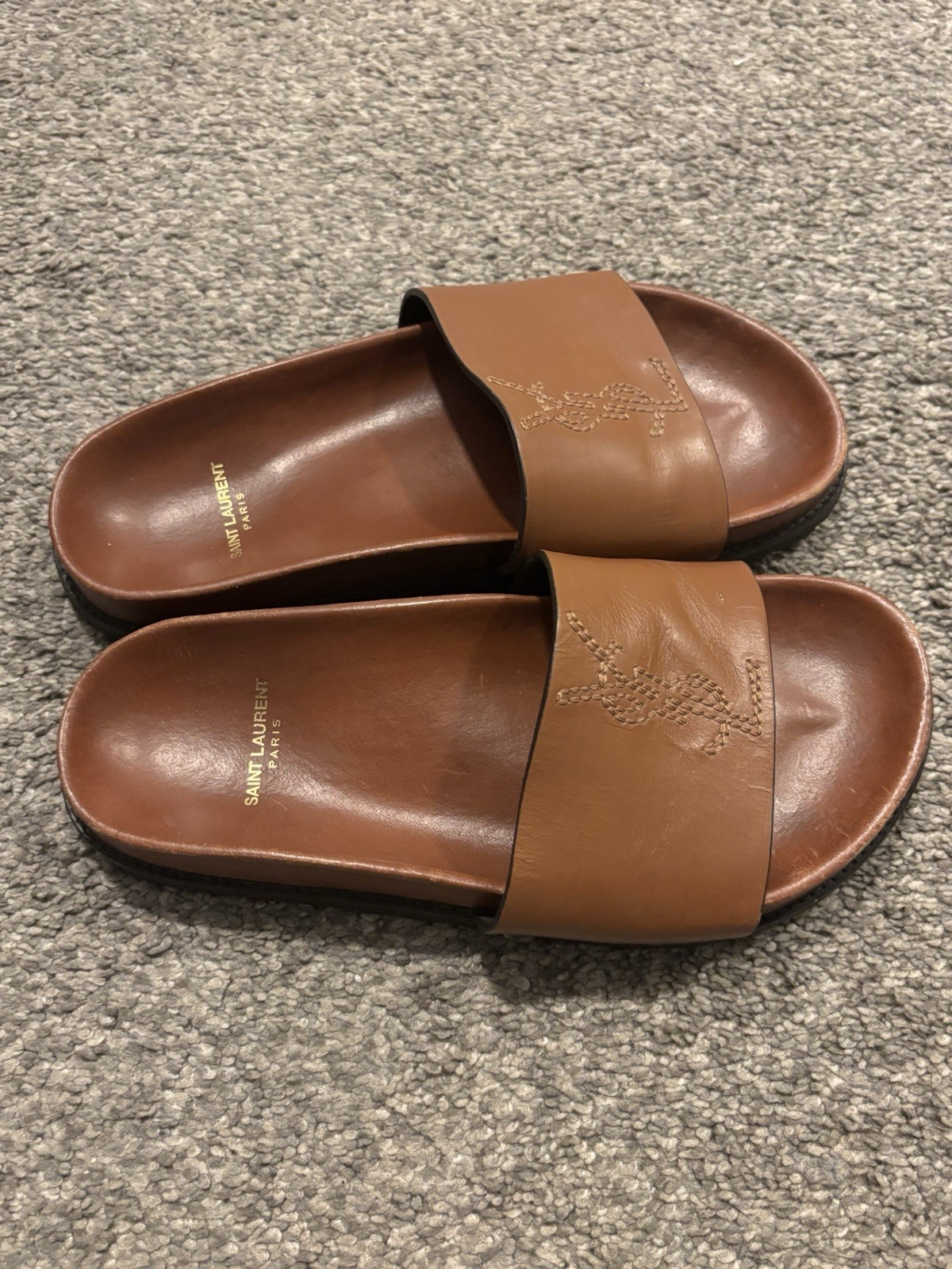 Yves Saint Laurent Joan YSL Monogram Leather Slide Sandal Women Size 35 US 5