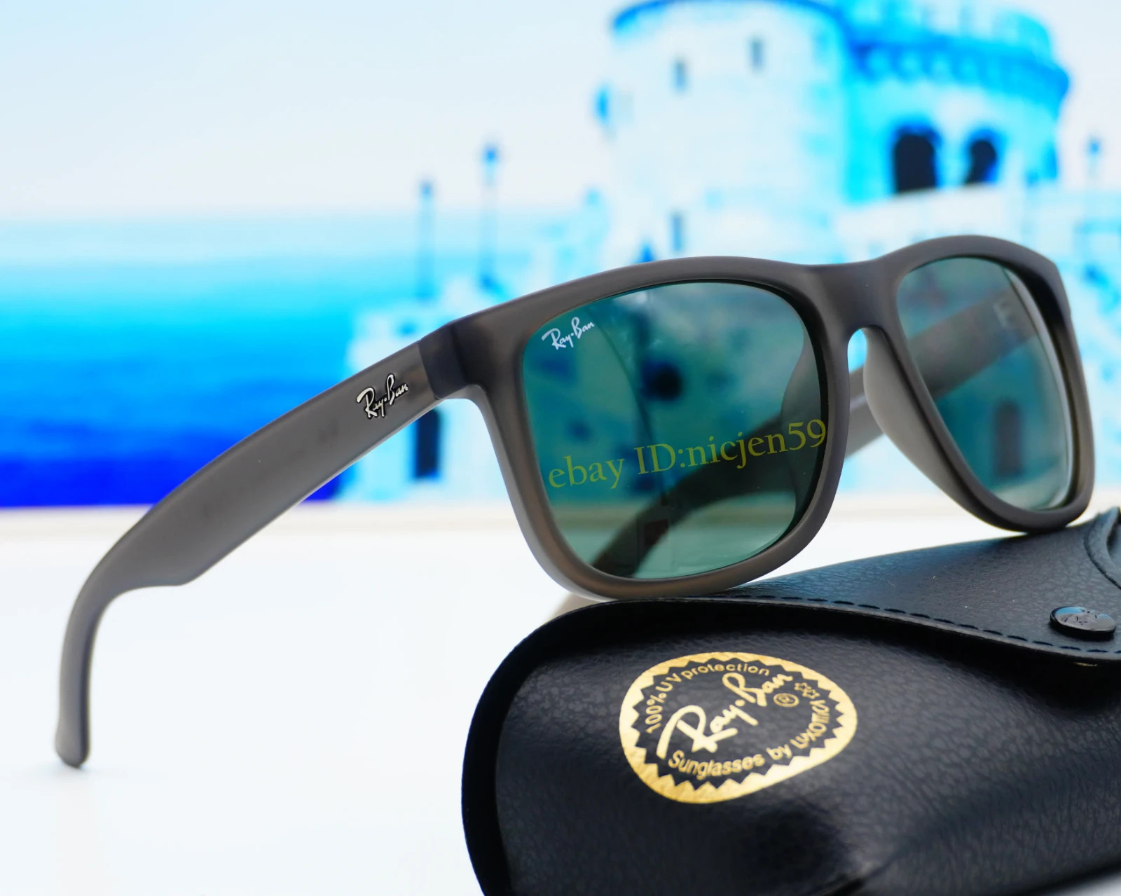 Ray-Ban Justin RB4165 Matte Opal Grey Green Lens Nylon Frame Sunglasses 54mm Men