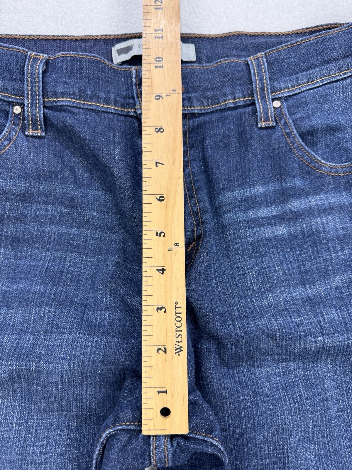 Levis 505 Flap Pocket Jeans Women 14 32×32 Blue Straight Whisker Distress DenIm