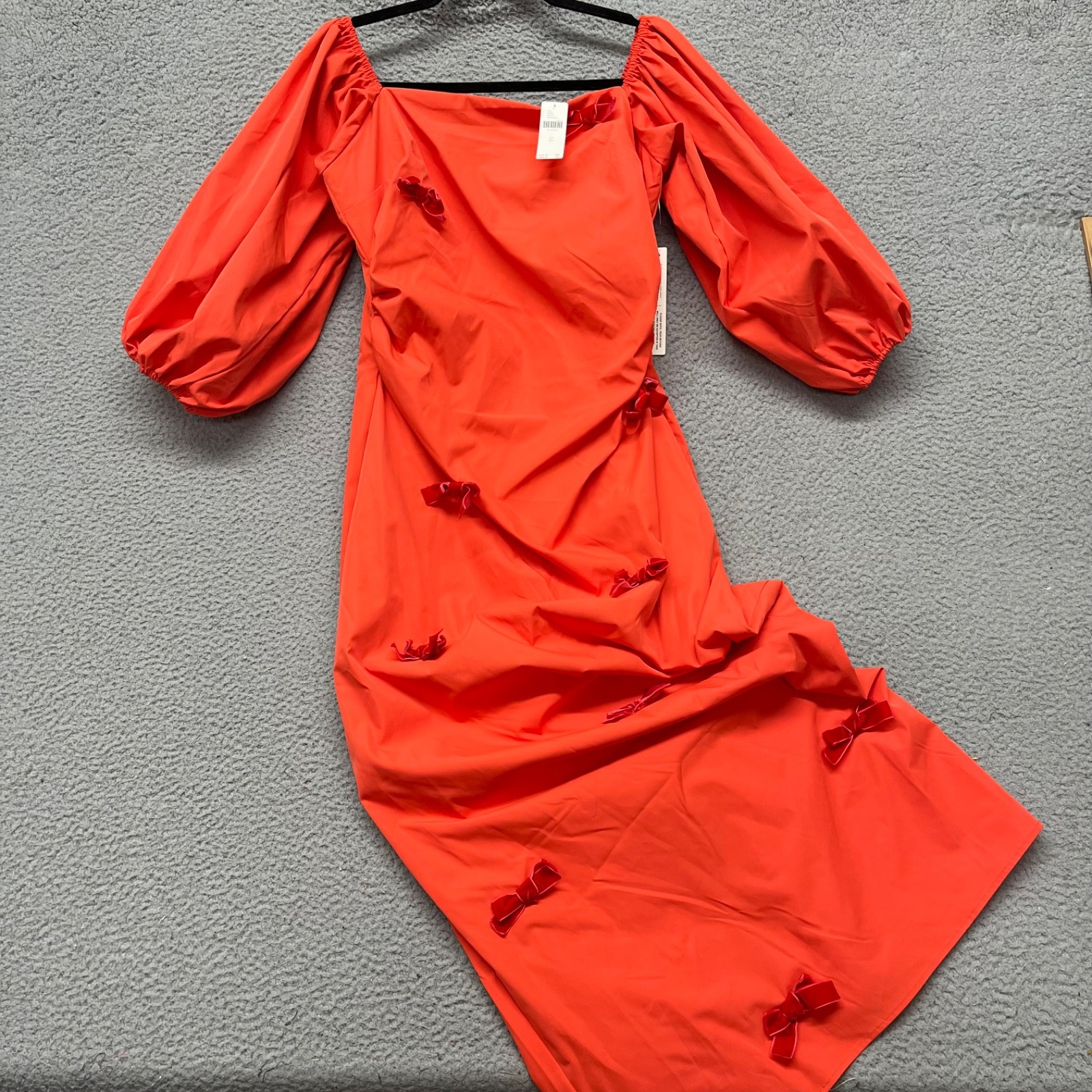 The Wolf Gang Amar Dress Womens XL Orange Velvet Bow Midi Off The Shoulder