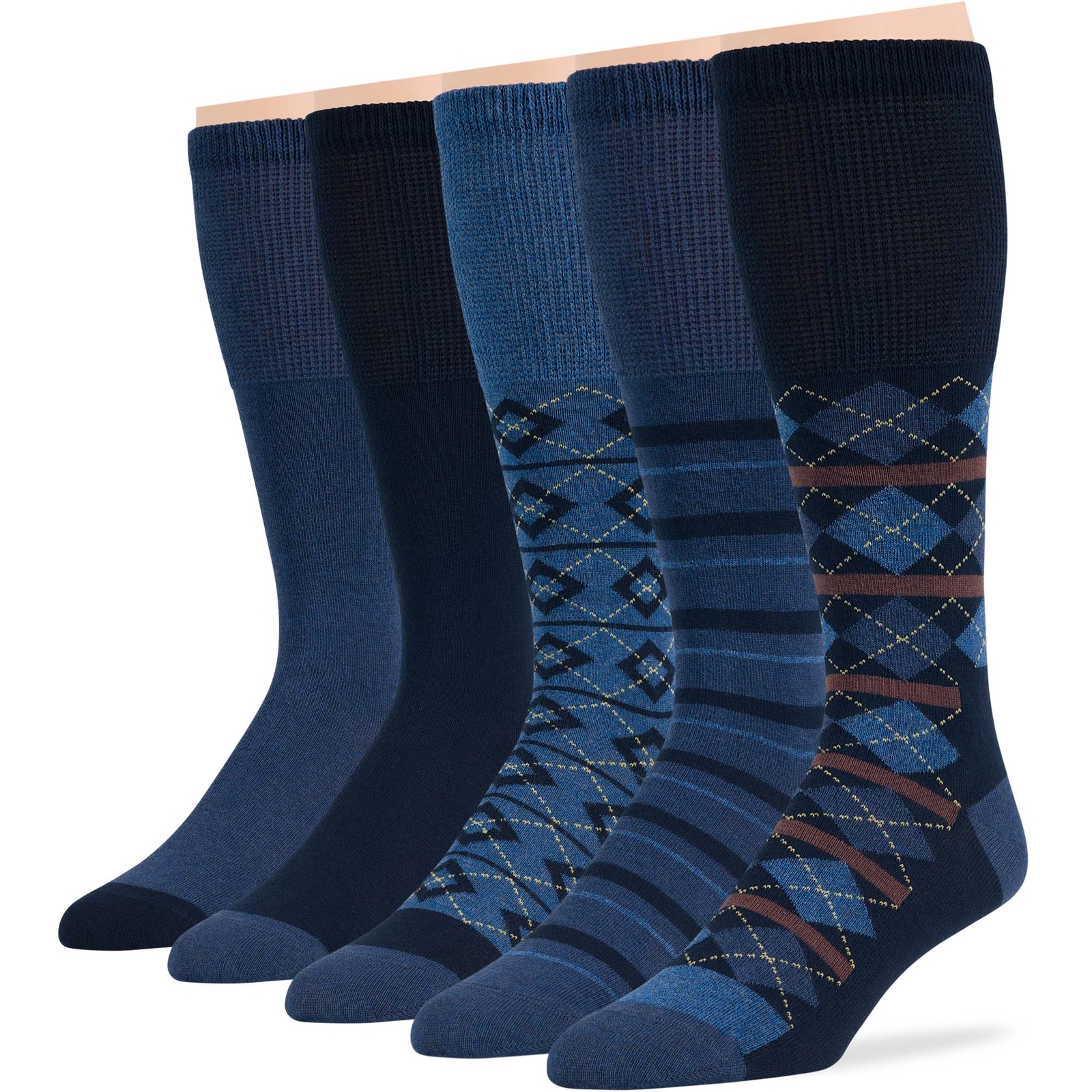Men Diabetic Cotton Mid-Calf Socks 5 Pack XLarge Argyle Stripe Dark Navy Denim