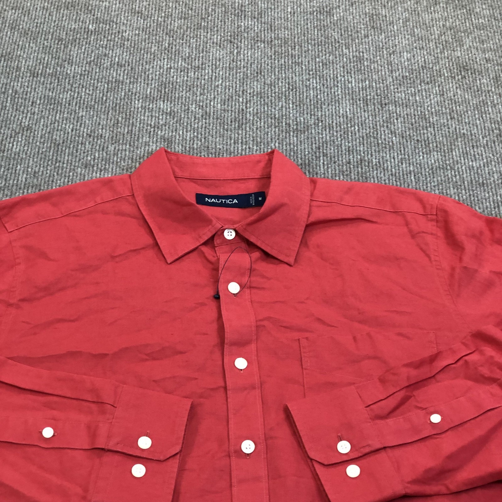 Nautica Shirt Mens Medium Red Solid Linen Long Sleeve Button Up Casual