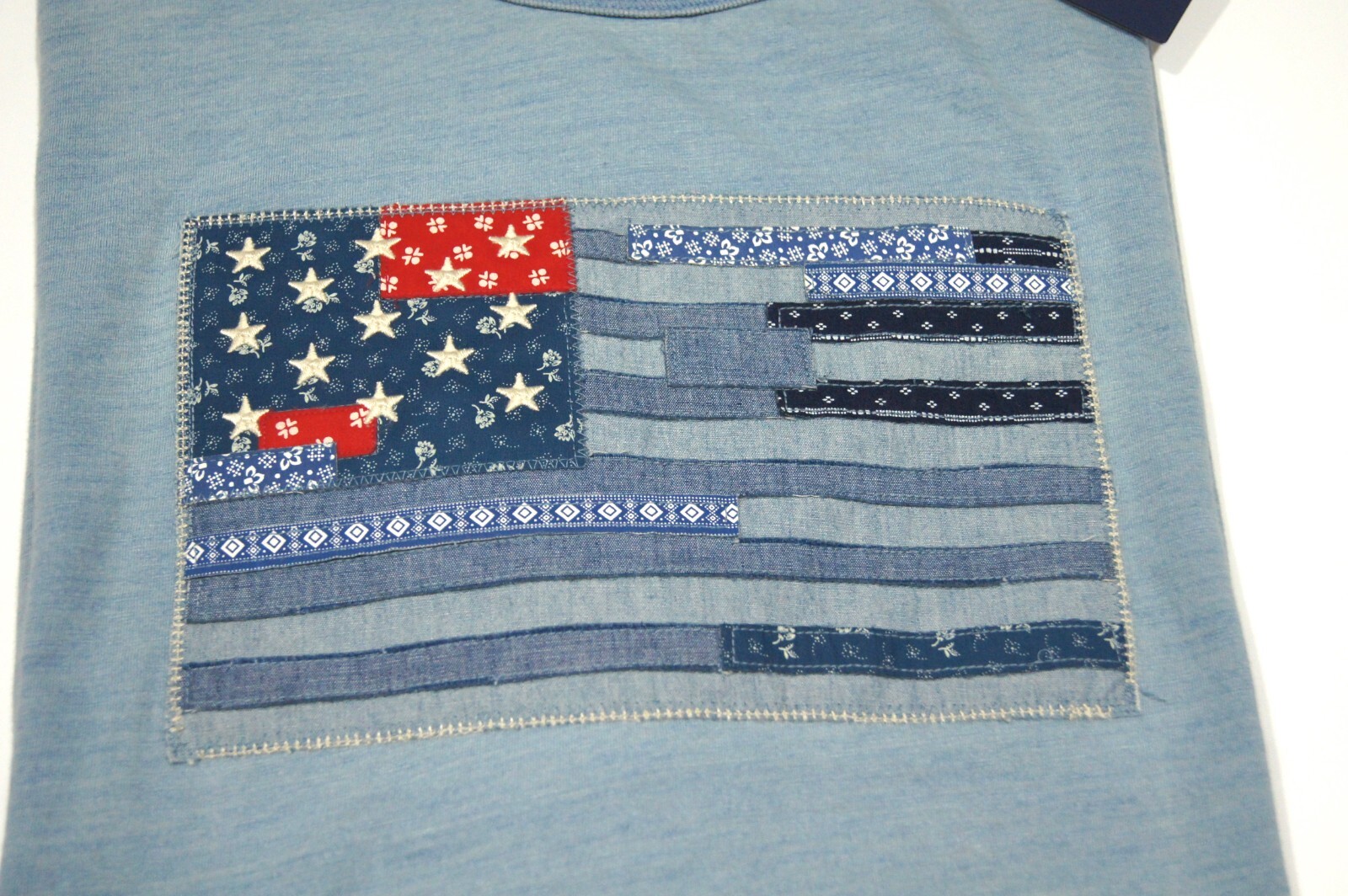 POLO RALPH LAUREN Men Classic Fit Light Indigo Blue US Flag Slub Cotton T-Shirt