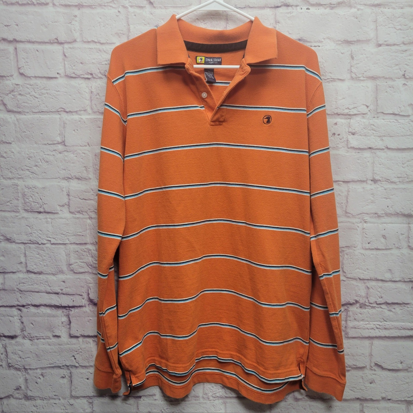 Duck Head Striped Rugby Shirt Mens L Orange 100% Cotton Collar Preppy Skater