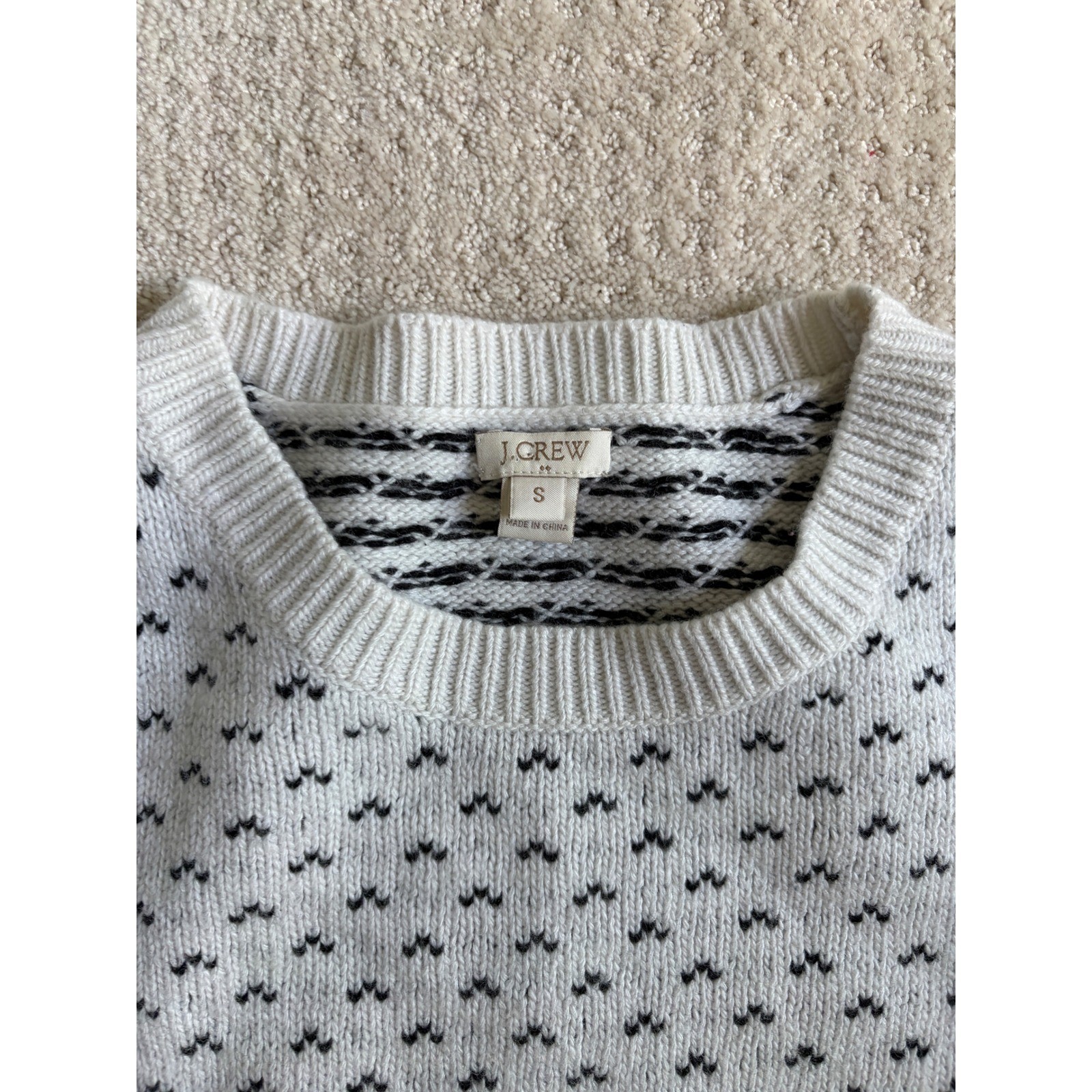 J.Crew Factory Womens Ivory Black Intarsia Merino Wool Blend Sweater Small