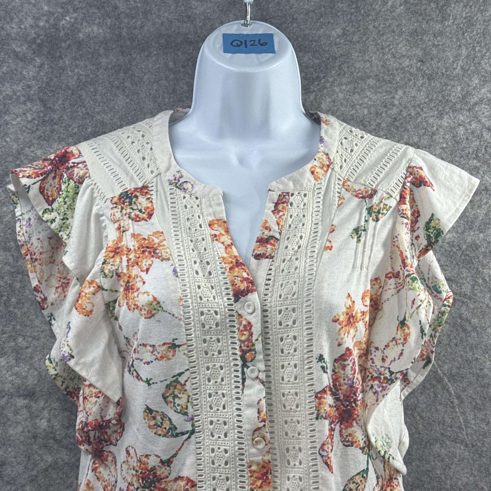 Maeve Blouse Womens S Off White Floral Crochet Ruffle Button Linen Boho Prairie