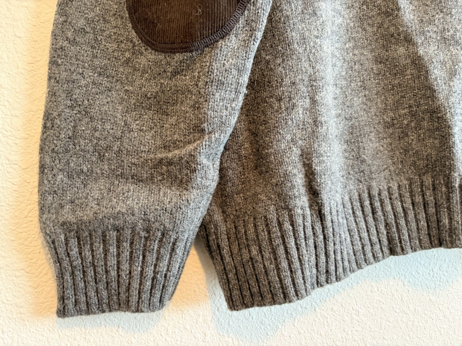 LL Bean 100% Wool Shetland Sweater Mens Large Gray 1/4 Zip Pullover Elbow Patch