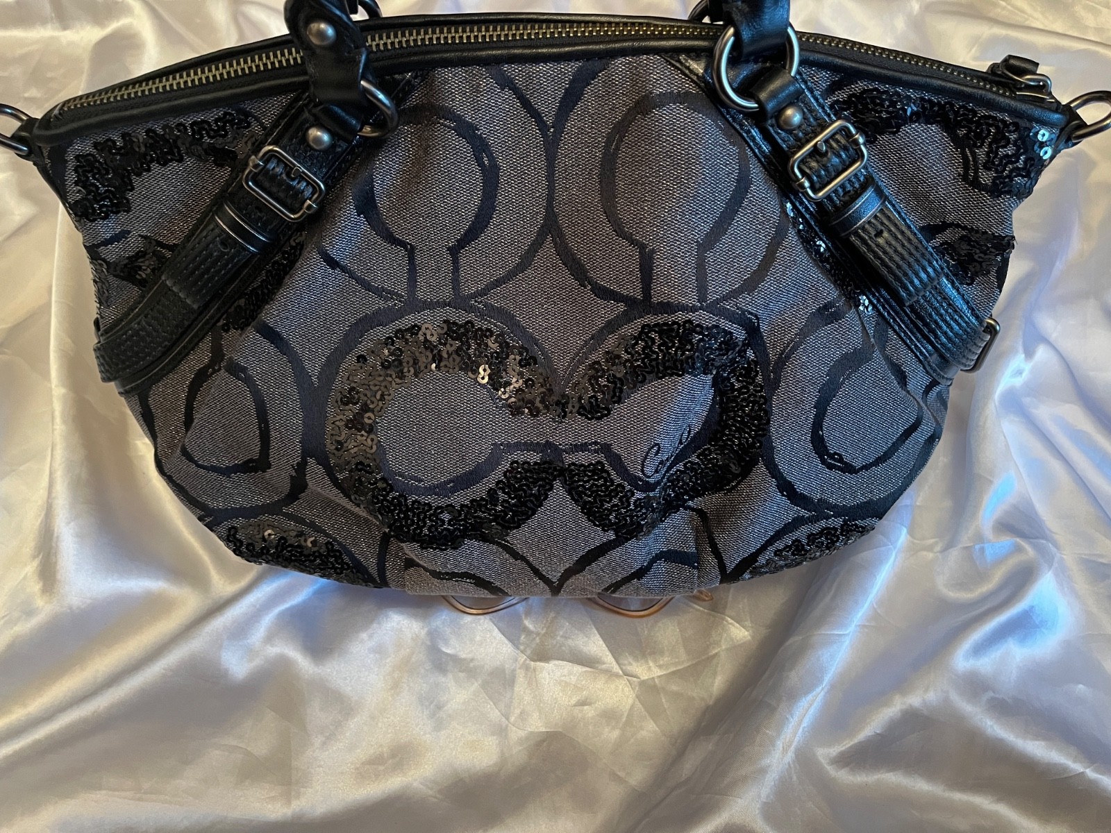 Coach Madison Op Art Sophia Sequin Satchel Black And Metallic Gray
