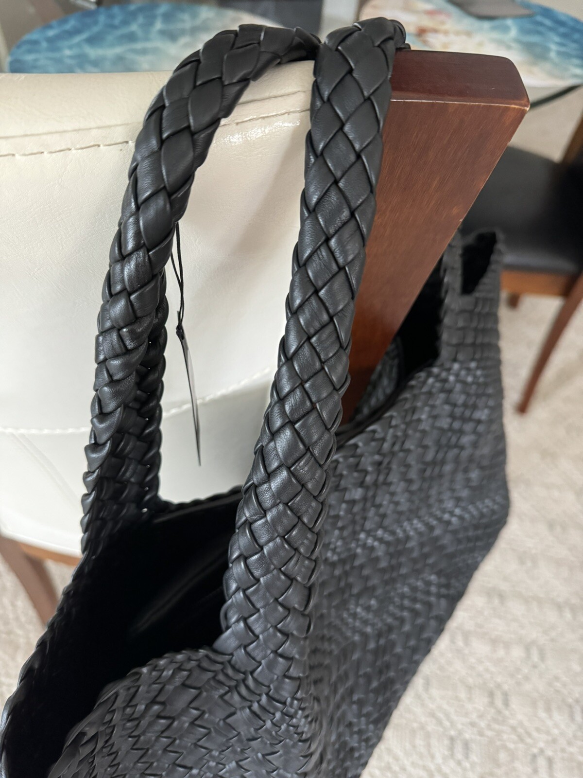 FALOR -ITALIAN Woven Soft Leather ~BLACK Tote Shoulder Bag XL NWT