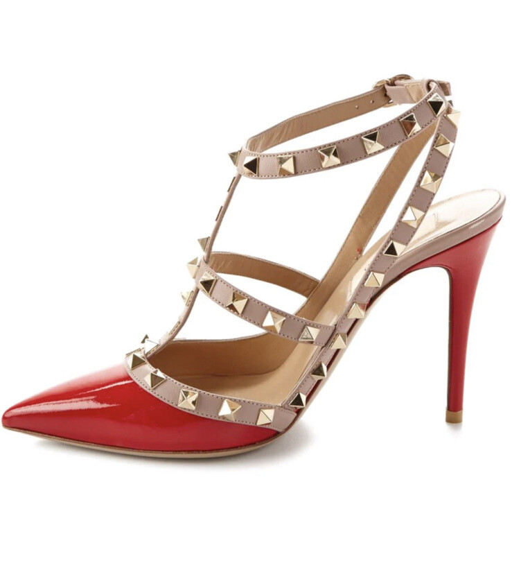 Valentino Studded Ankle Strap Stiletto Pointed Toe Leather Heels Red 36.5