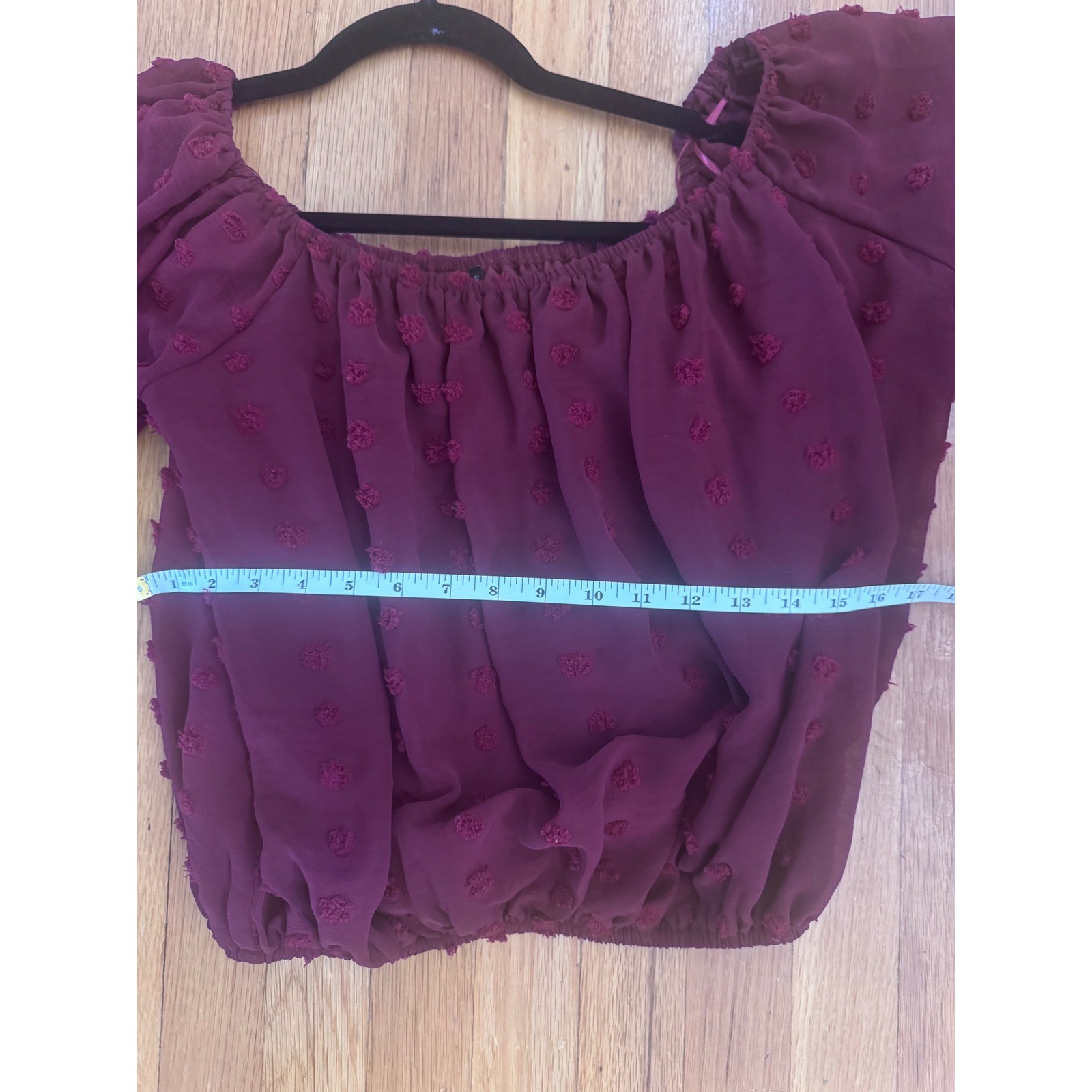 HYFVE Burgundy Swiss Dot Off Shoulder Blouse Long Puff Sleeve Crop Top Small