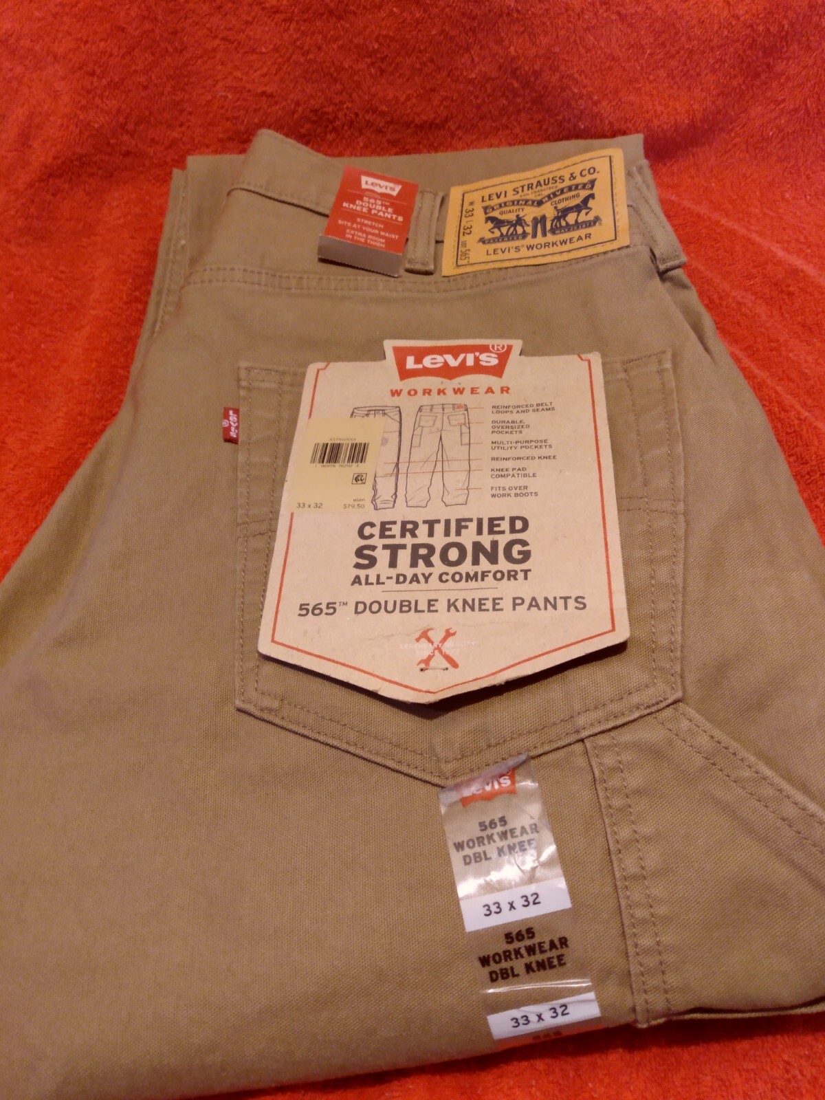 Levis Pants Mens 33×32 Brown 565 Double Knee Canvas Workwear Utility Stretch NEW