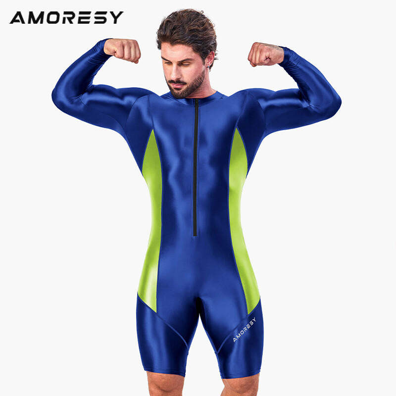 AMORESY Men Glitter Tracksuits Long Sleeve Fitness Overalls Gymnastics Leotards