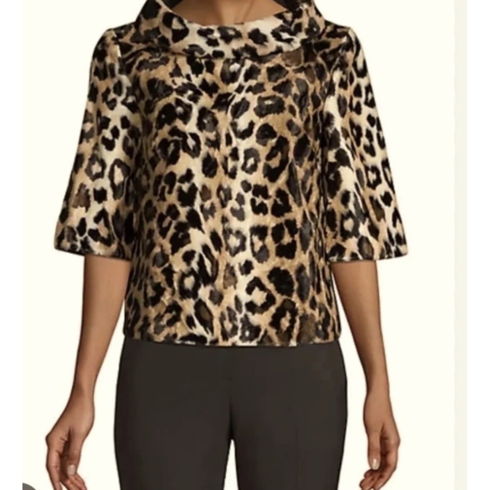 Trina Turk Leopard Faux Fur Cowl Neck Top Brown Black Animal Print 198133 L