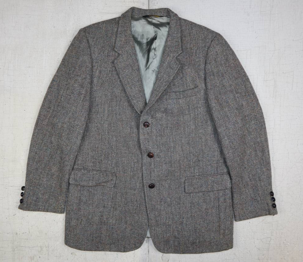 VTG Harris Tweed Blazer Mens Sport Coat Brown Leather Button Jacket 40