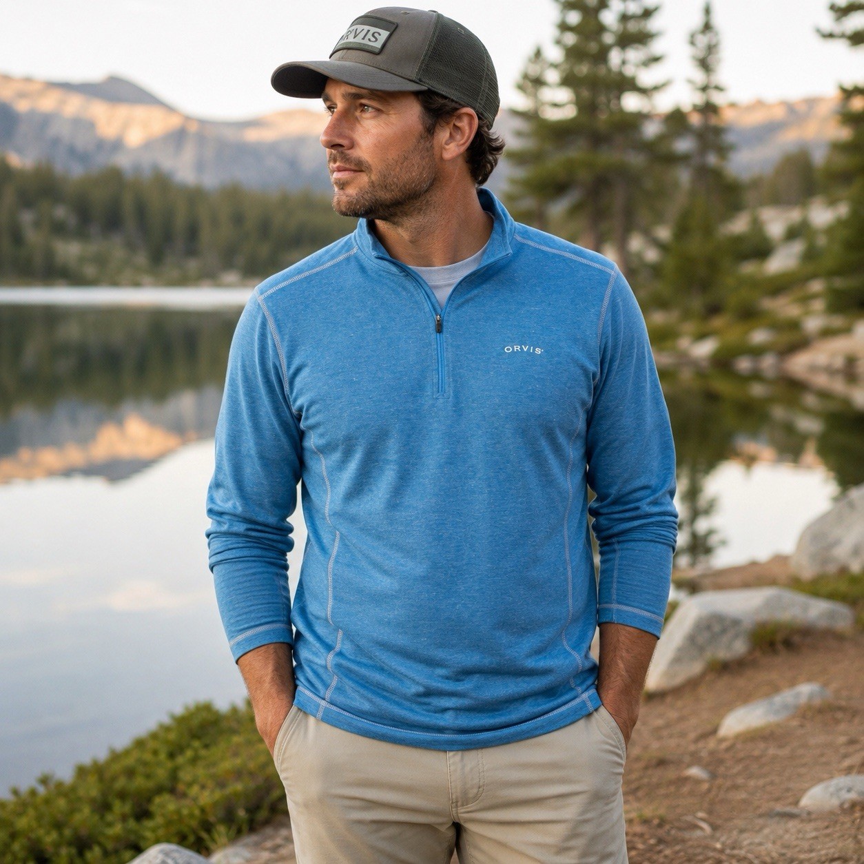 Orvis Quarter Zip Pullover Mens XL Blue Performance Stretch Lightweight Hiking