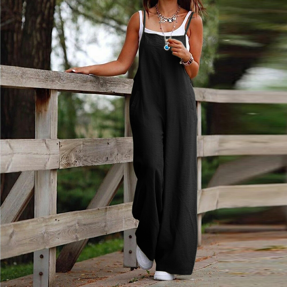 Womens Cotton Linen Jumpsuit Dungaree Baggy Loose Overalls Romper Pants Playsuit