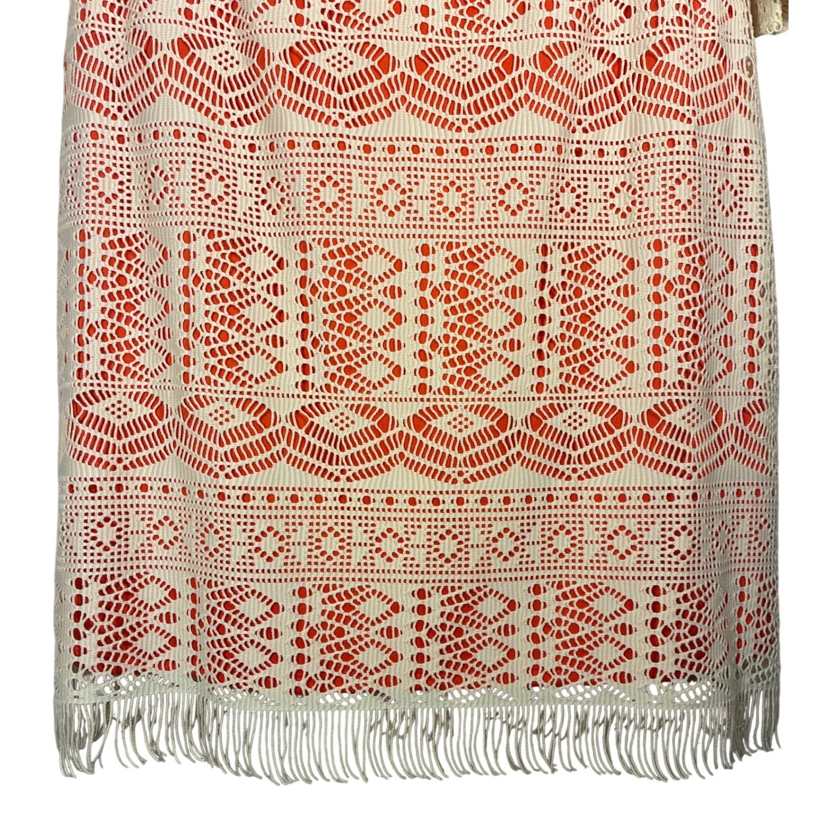 Jessica Howard Ivory Lace Overlay Orange Fringe Hem 3/4 Sleeve Dress Sz 14