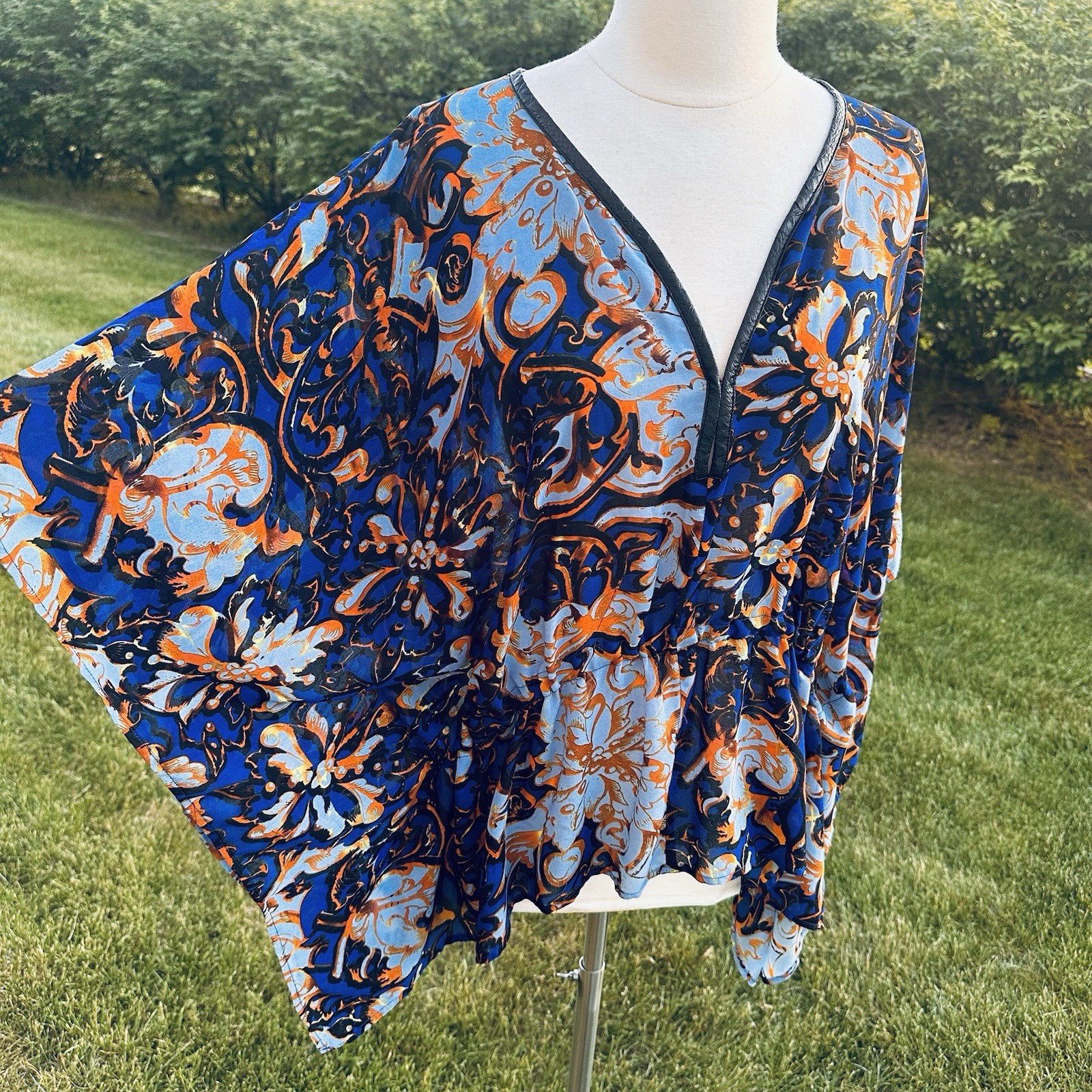 Y2K Alberto Makali Caftan Tunic Top L Oversized Boho Resort Blue Gold