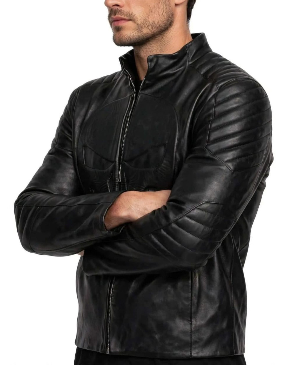 Men’s Black Leather Motorcycle Biker Handmade Jacket – Skull Embossed Chest